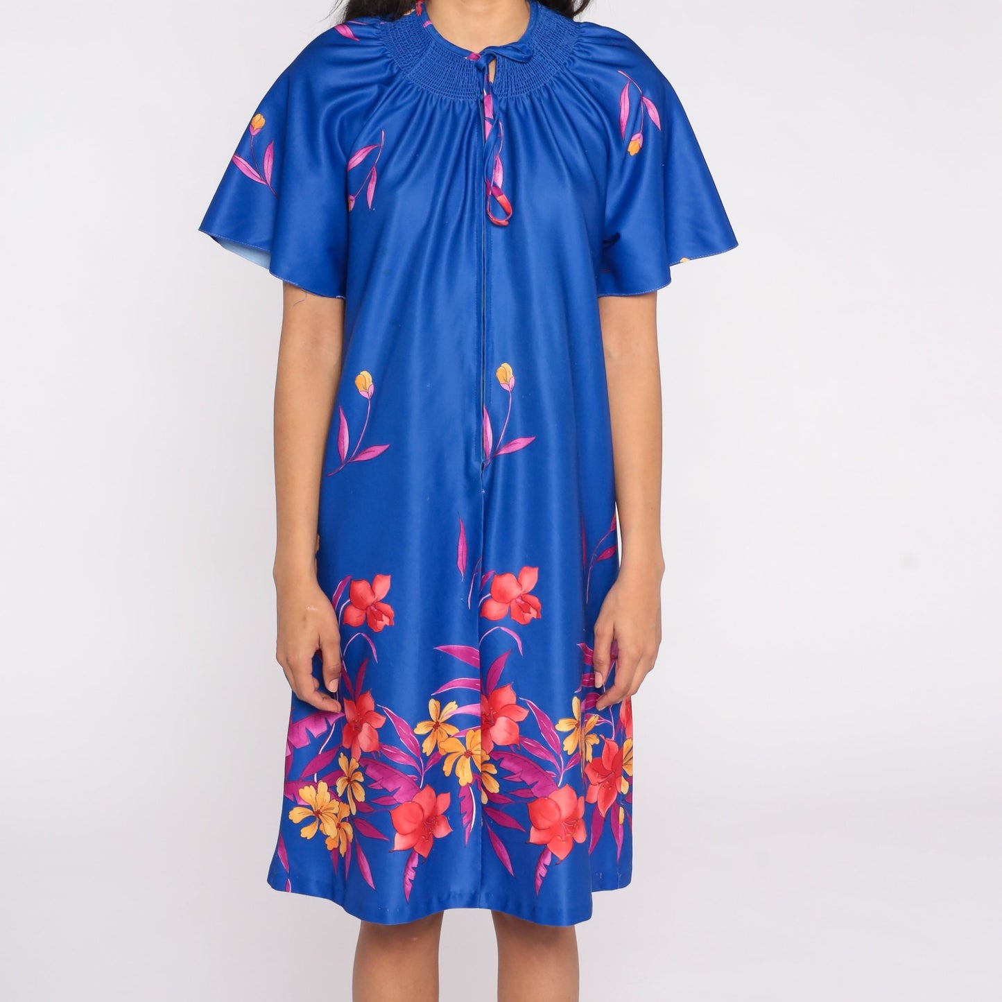 70s Blue Floral Midi Shift Dress Front Zip Lounge Wear Medium