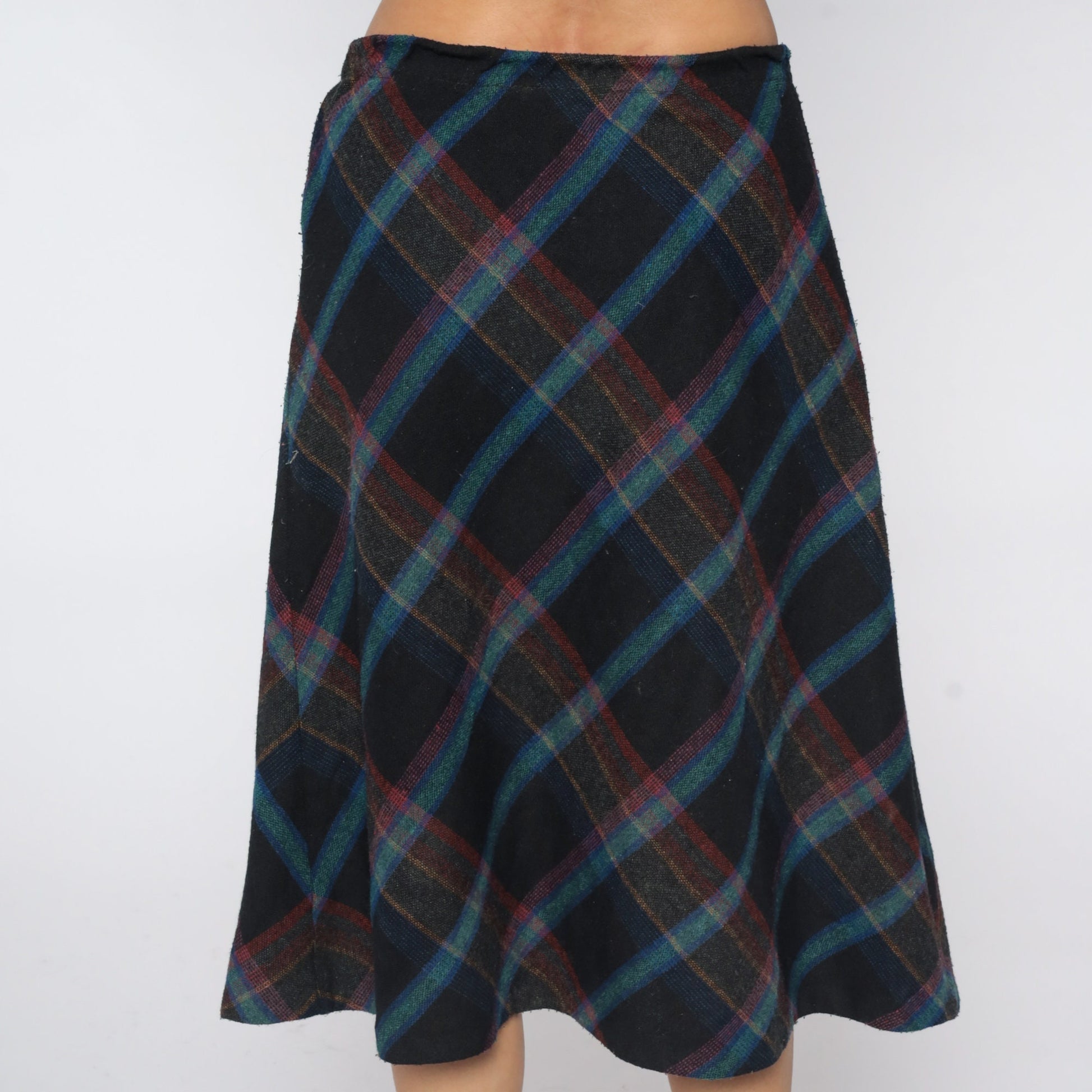 70s Wool Plaid Midi Skirt High Waist Tartan Black Blue Medium Large