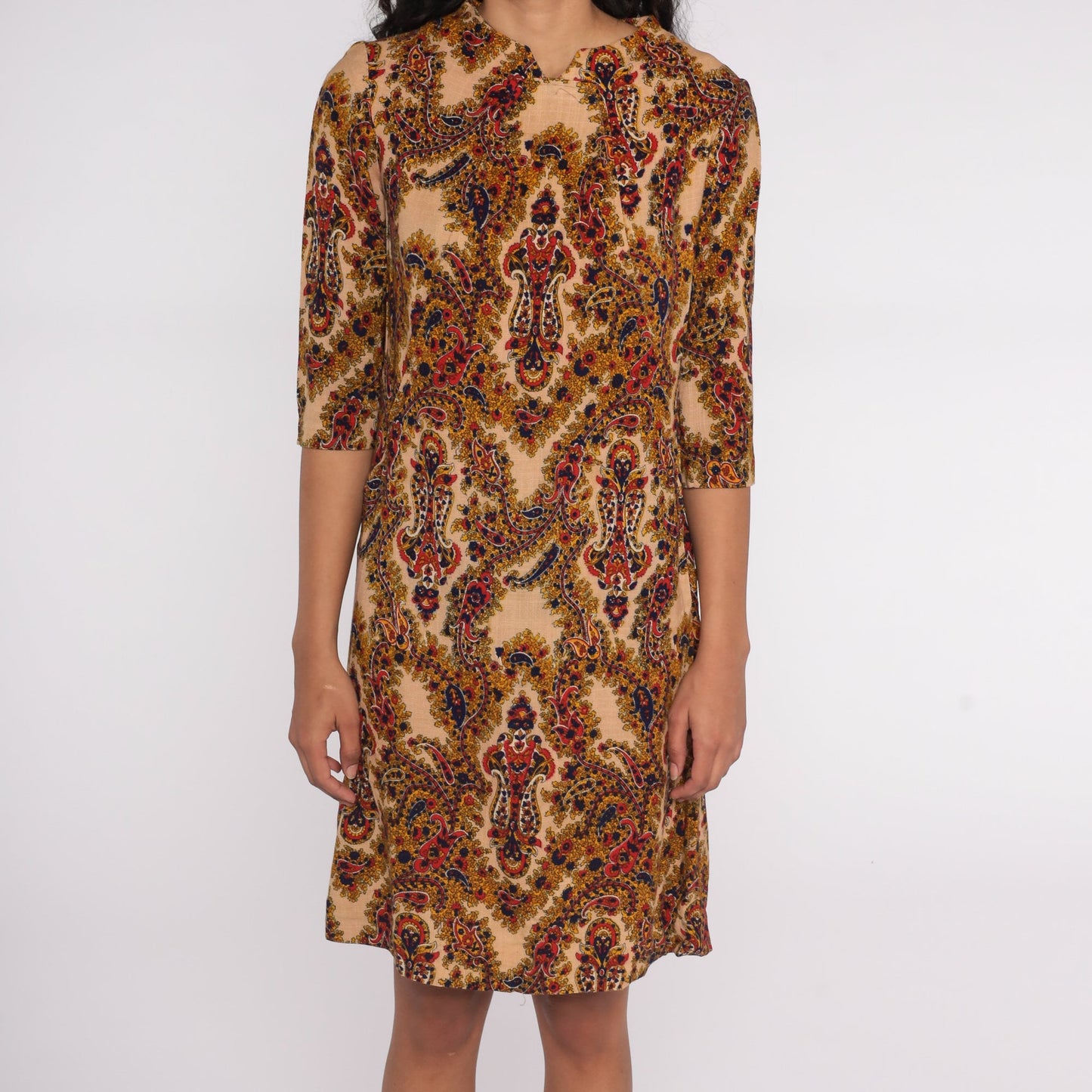 70s Paisley Floral Shift Dress Tan V-Neck Medium M