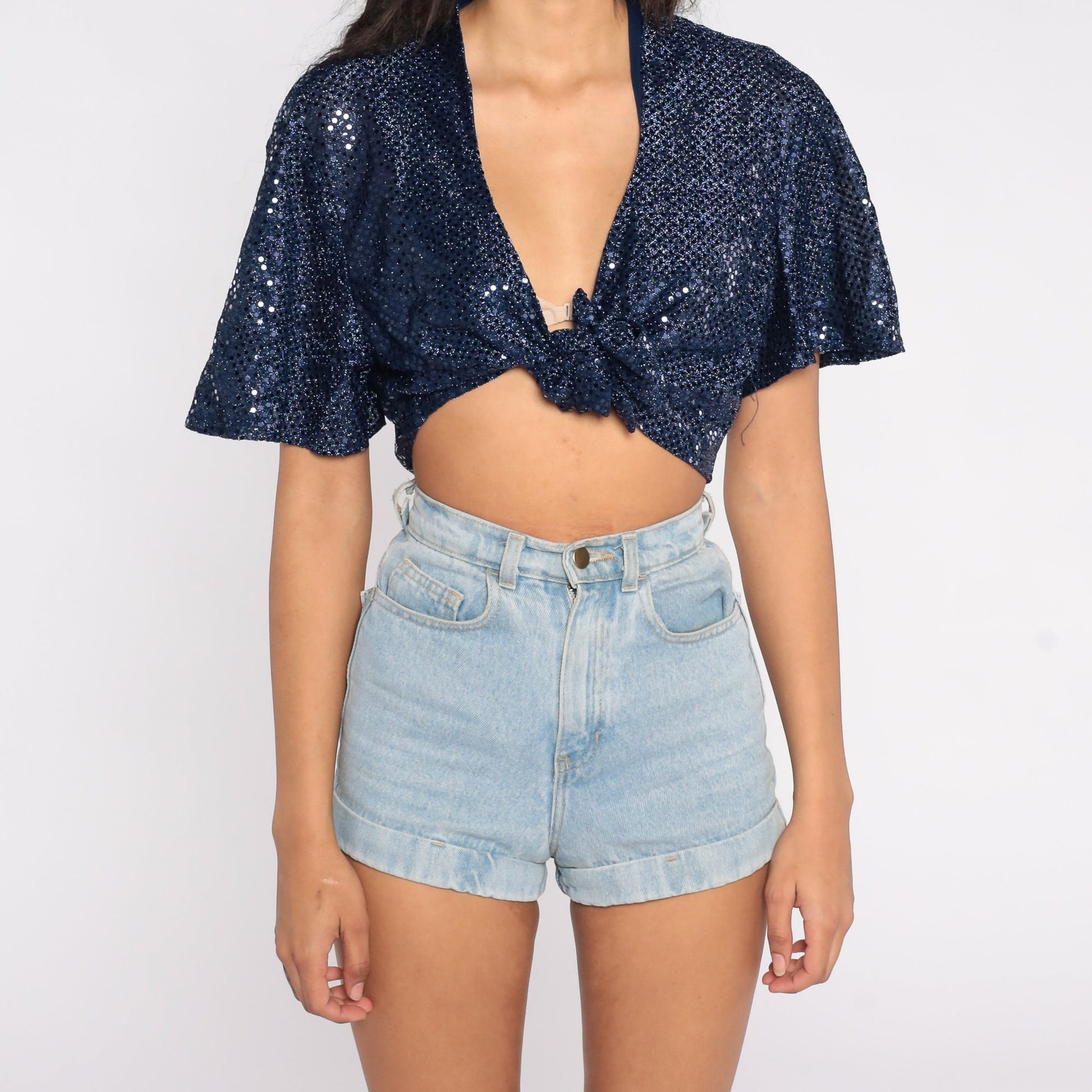 90s Blue Sequin Crop Top Tie Front Short Sleeve Blouse Large