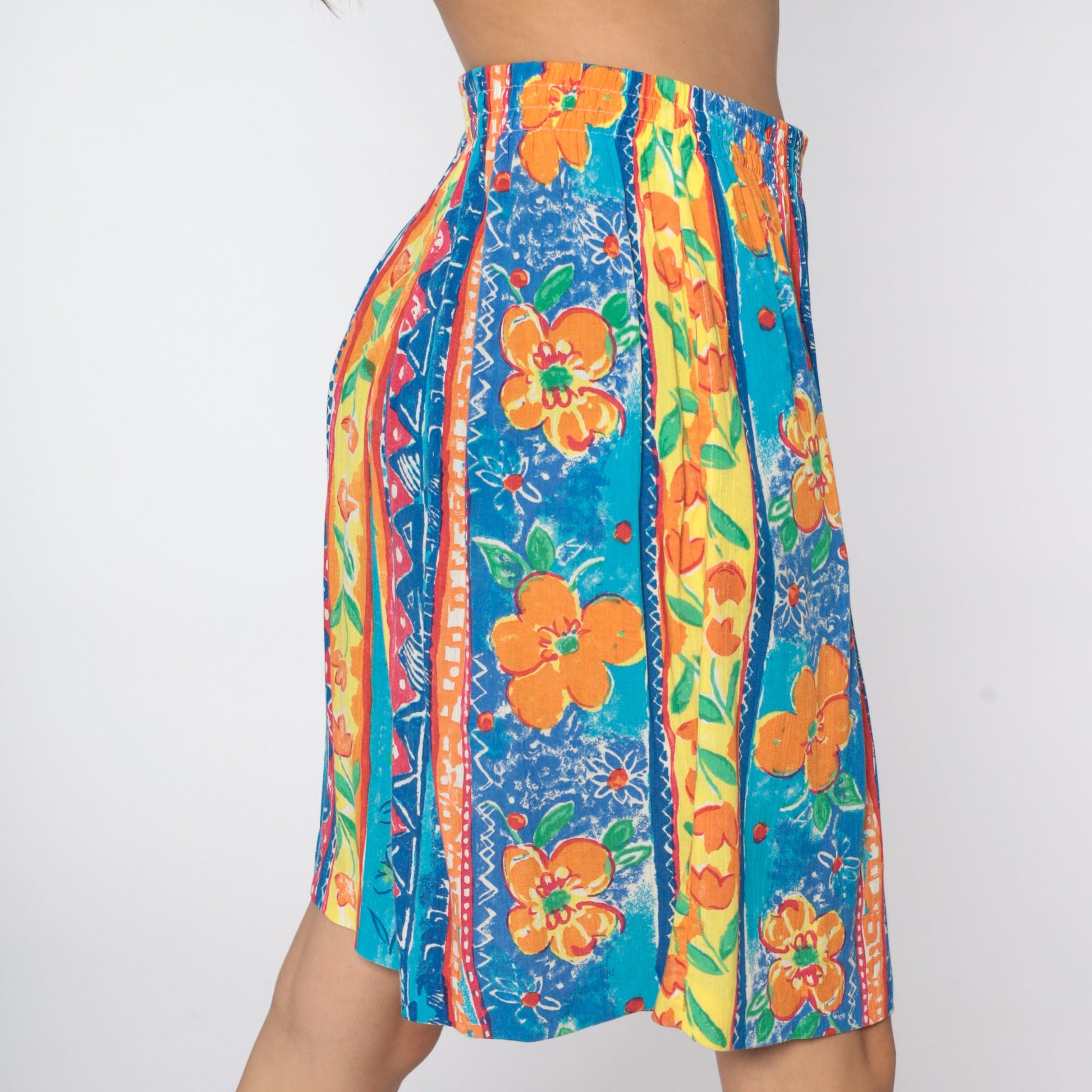 80s Floral High-Waist Shorts Tropical Print Elastic Waist Large L