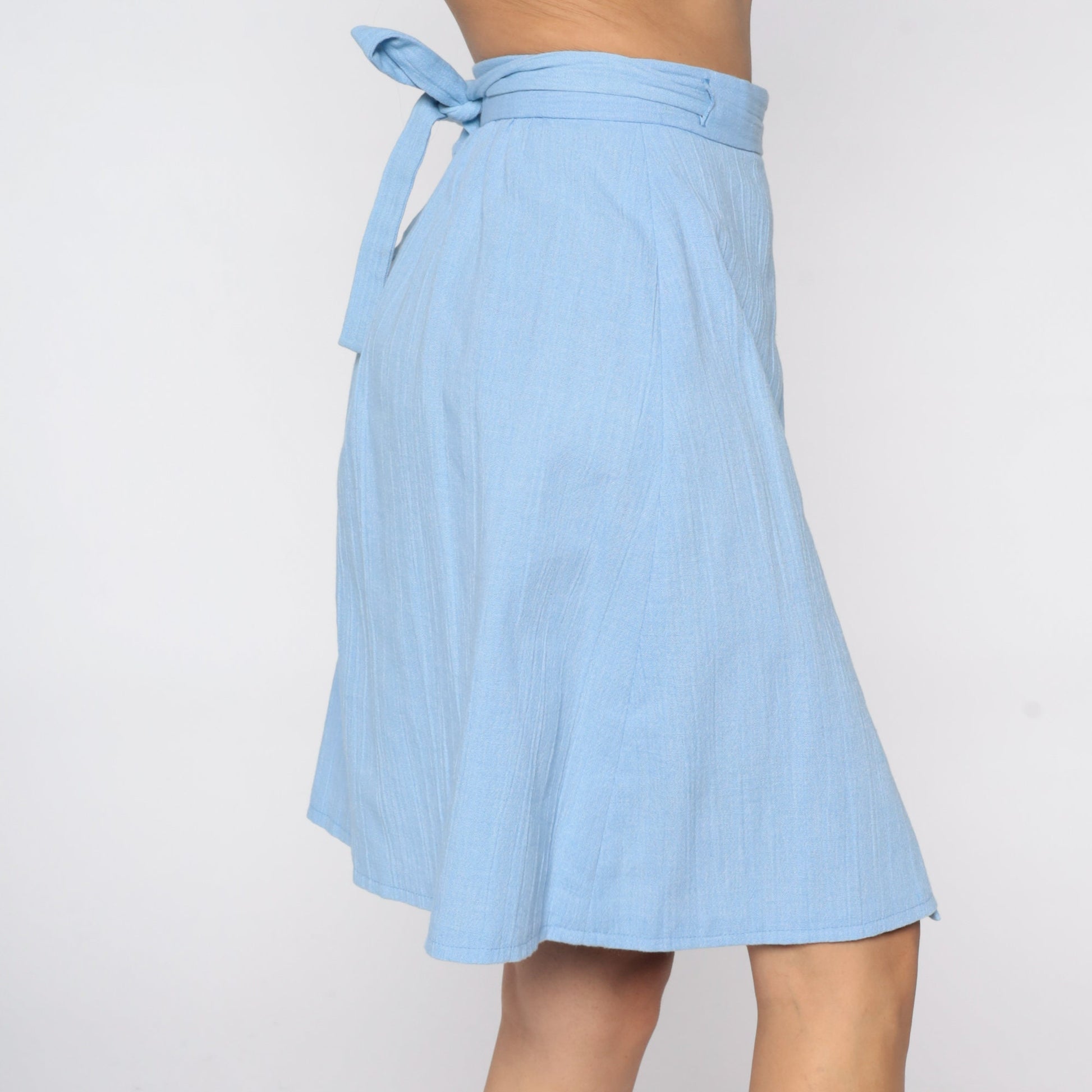70s Powder Blue Wrap Skirt High Waisted Mini Cotton Blend Small