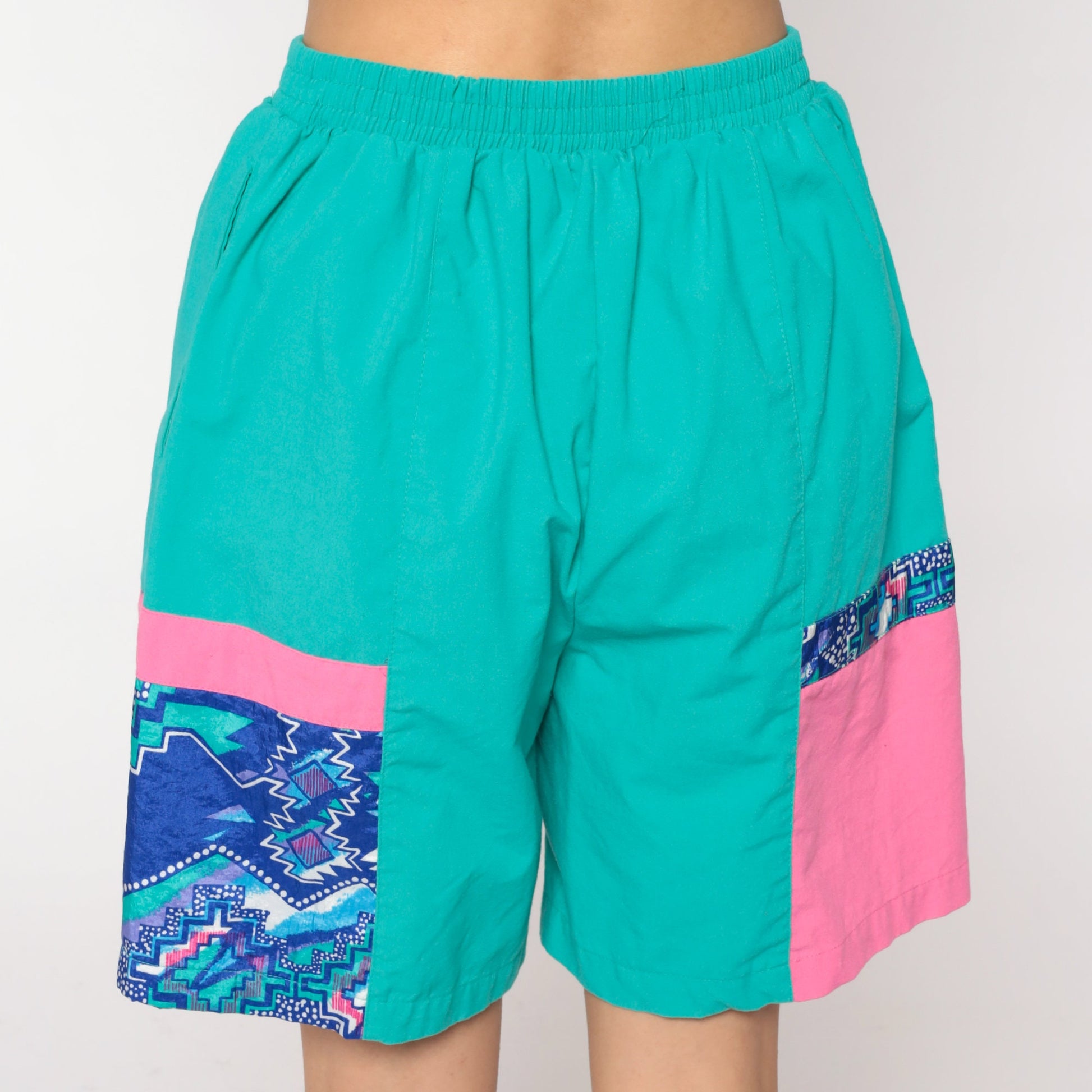 80s Colour Block Turquoise High-Waisted Shorts Pink Large L