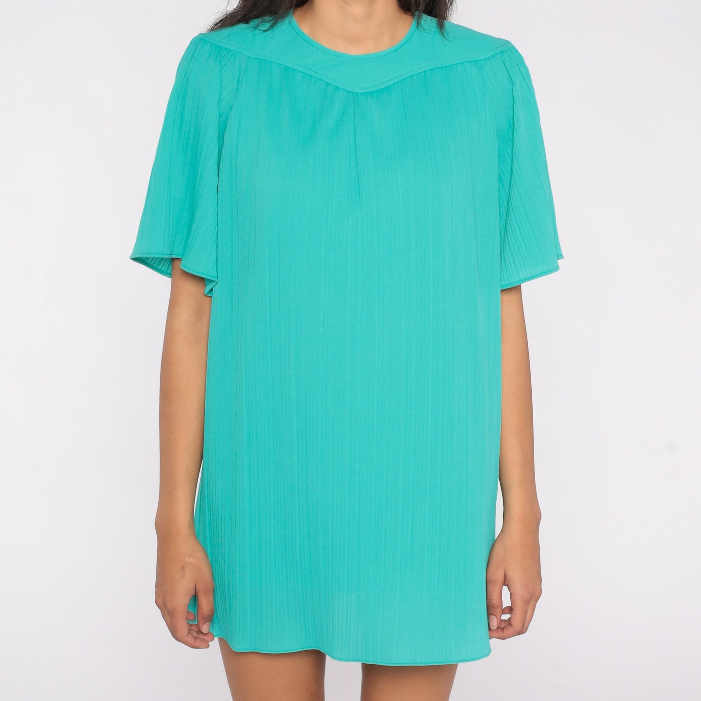 70s Teal Tent Mini Dress Pleated Flutter Sleeve Keyhole Back Large L