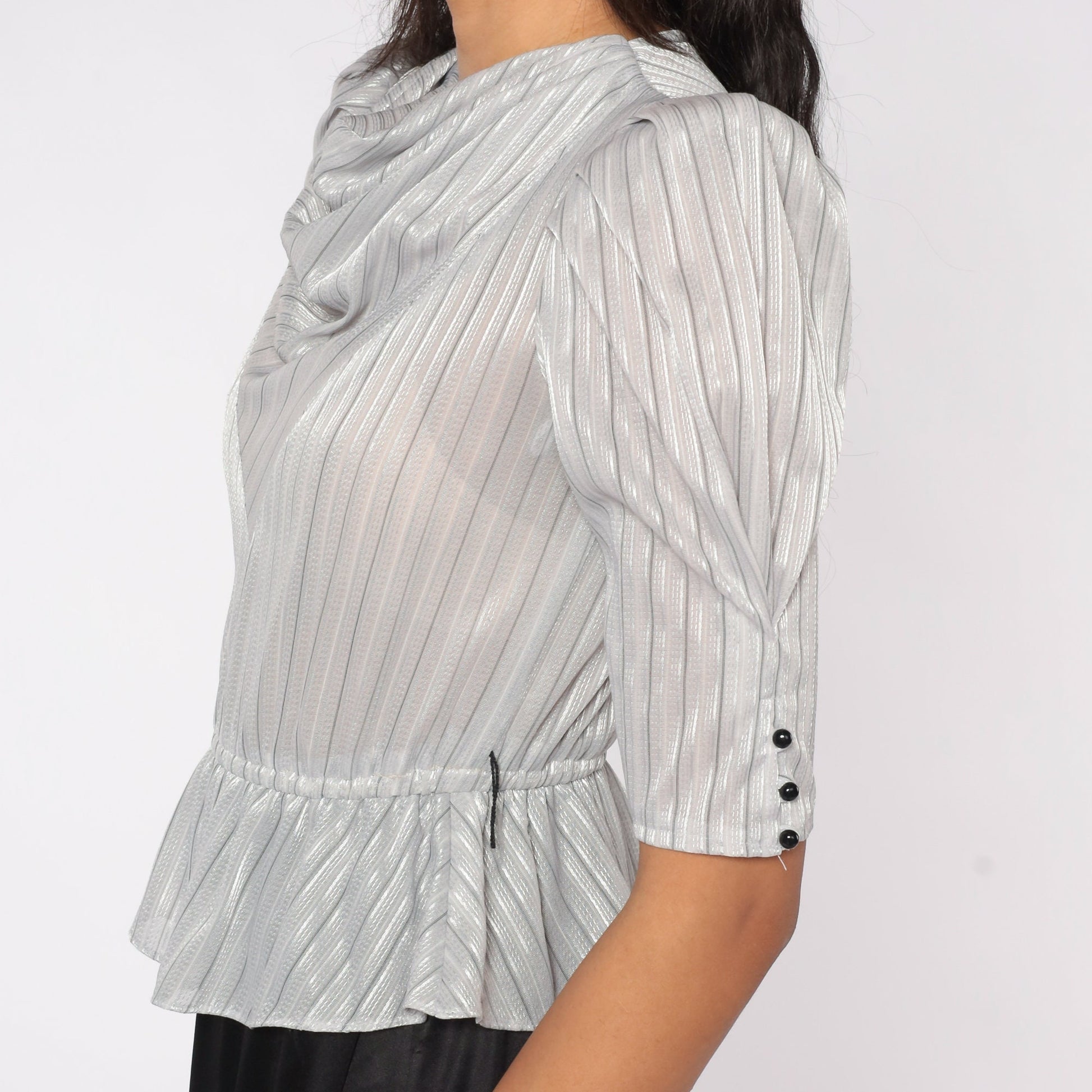 80s Peplum Dress Puff Sleeve Cowl Neck Silver Grey Midi Small