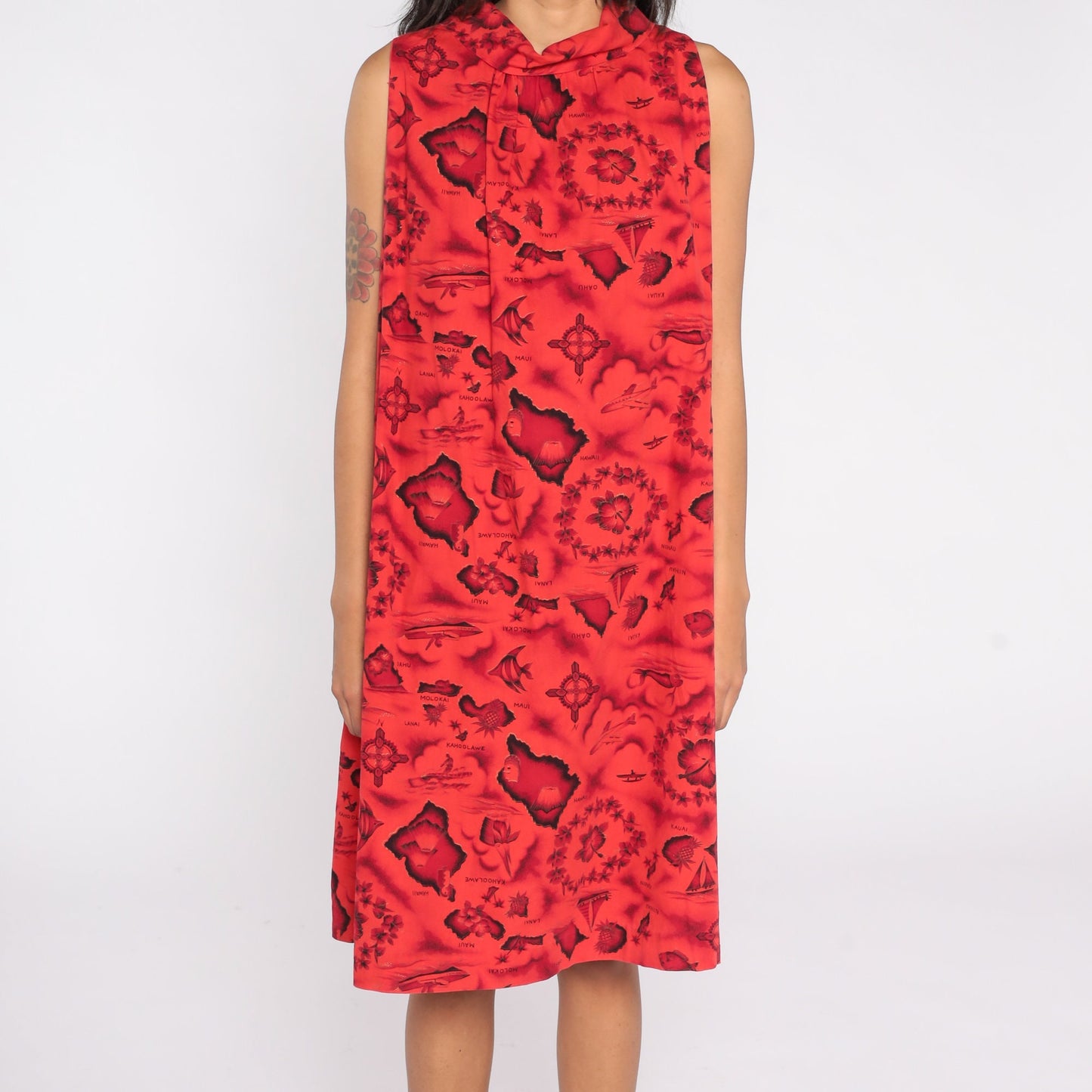 70s Hawaiian Tropical Print Shift Dress Red Floral Island Cotton Large L