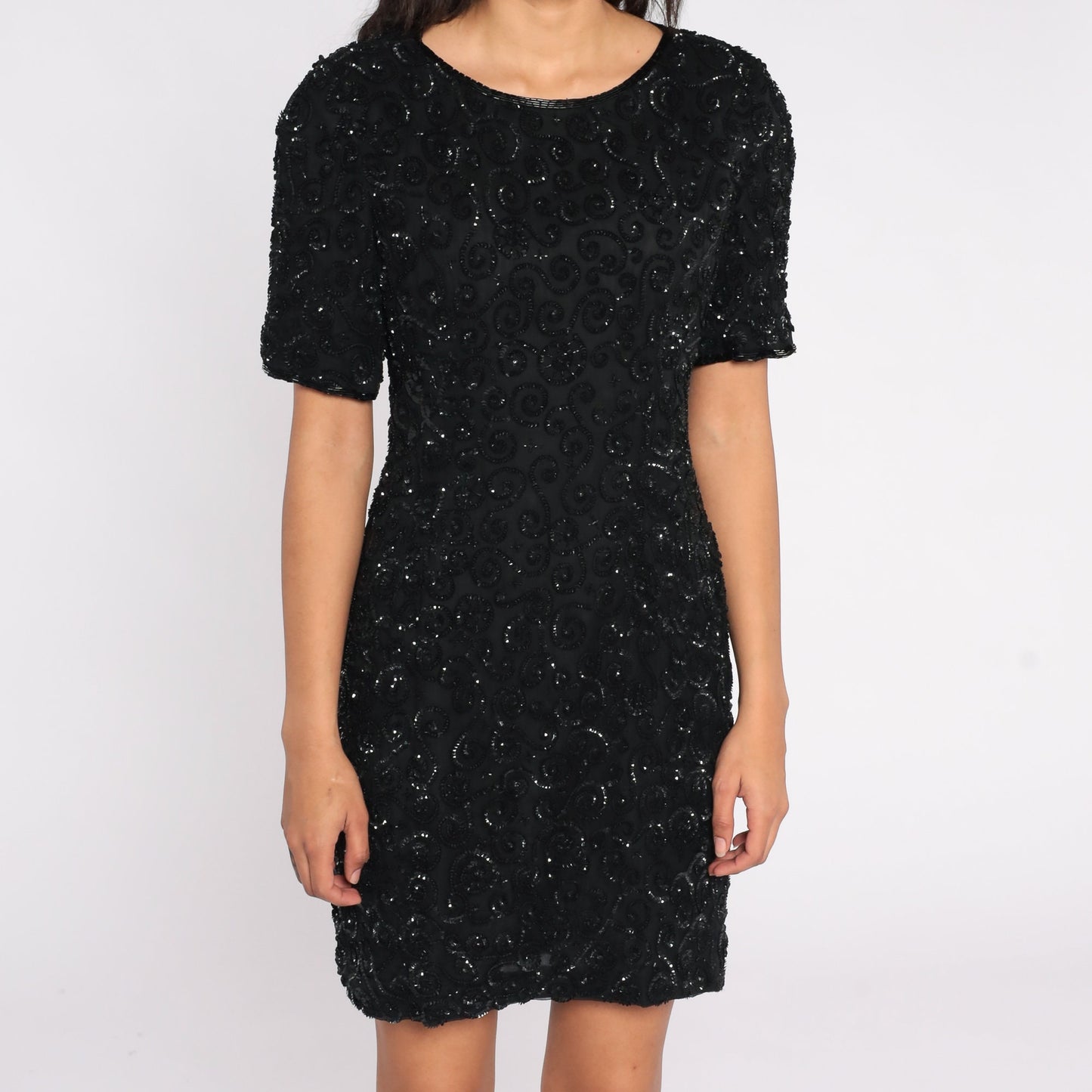 80s Black Silk Sequin Mini Dress Short Sleeve Zipper Back Small S