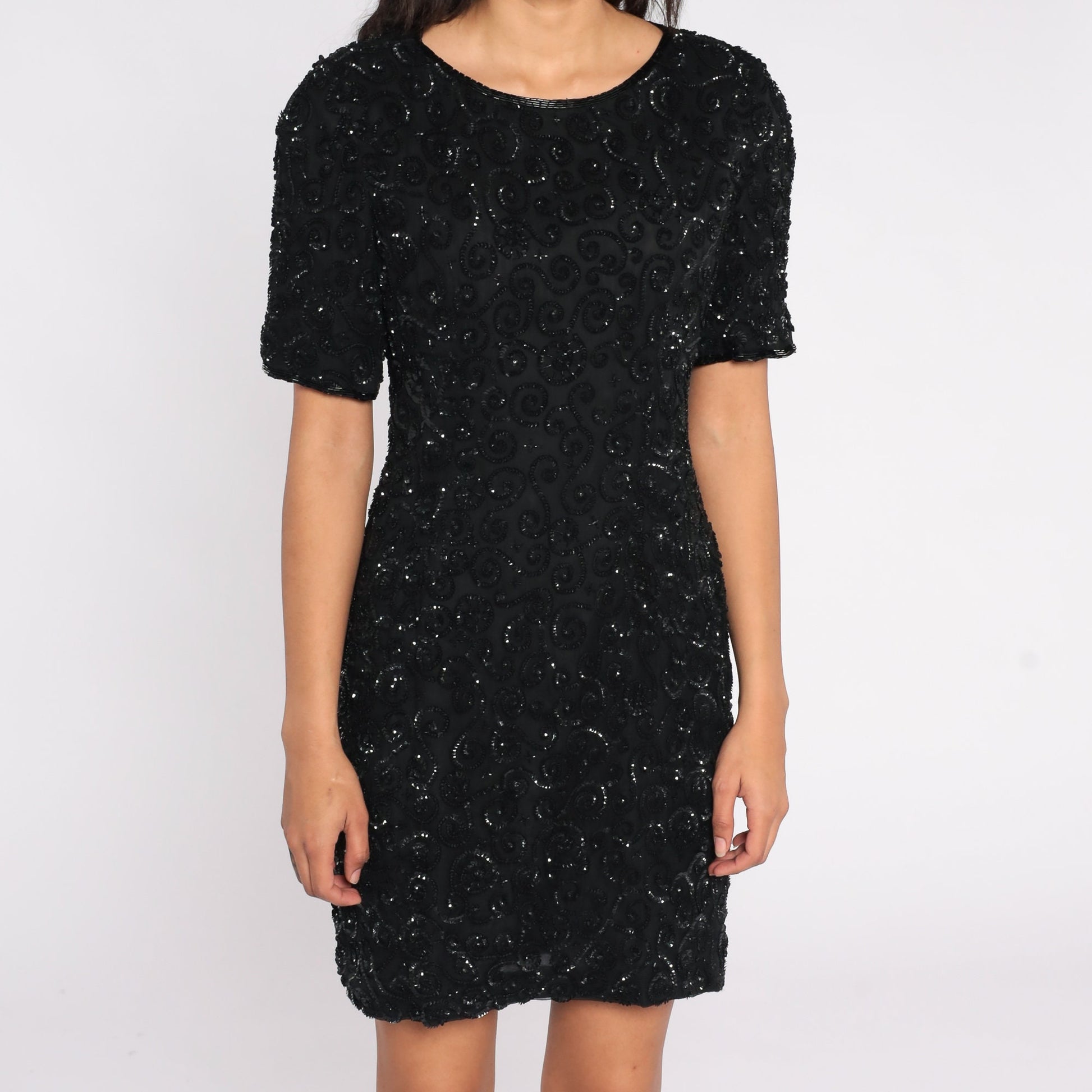 80s Black Silk Sequin Mini Dress Short Sleeve Zipper Back Small S