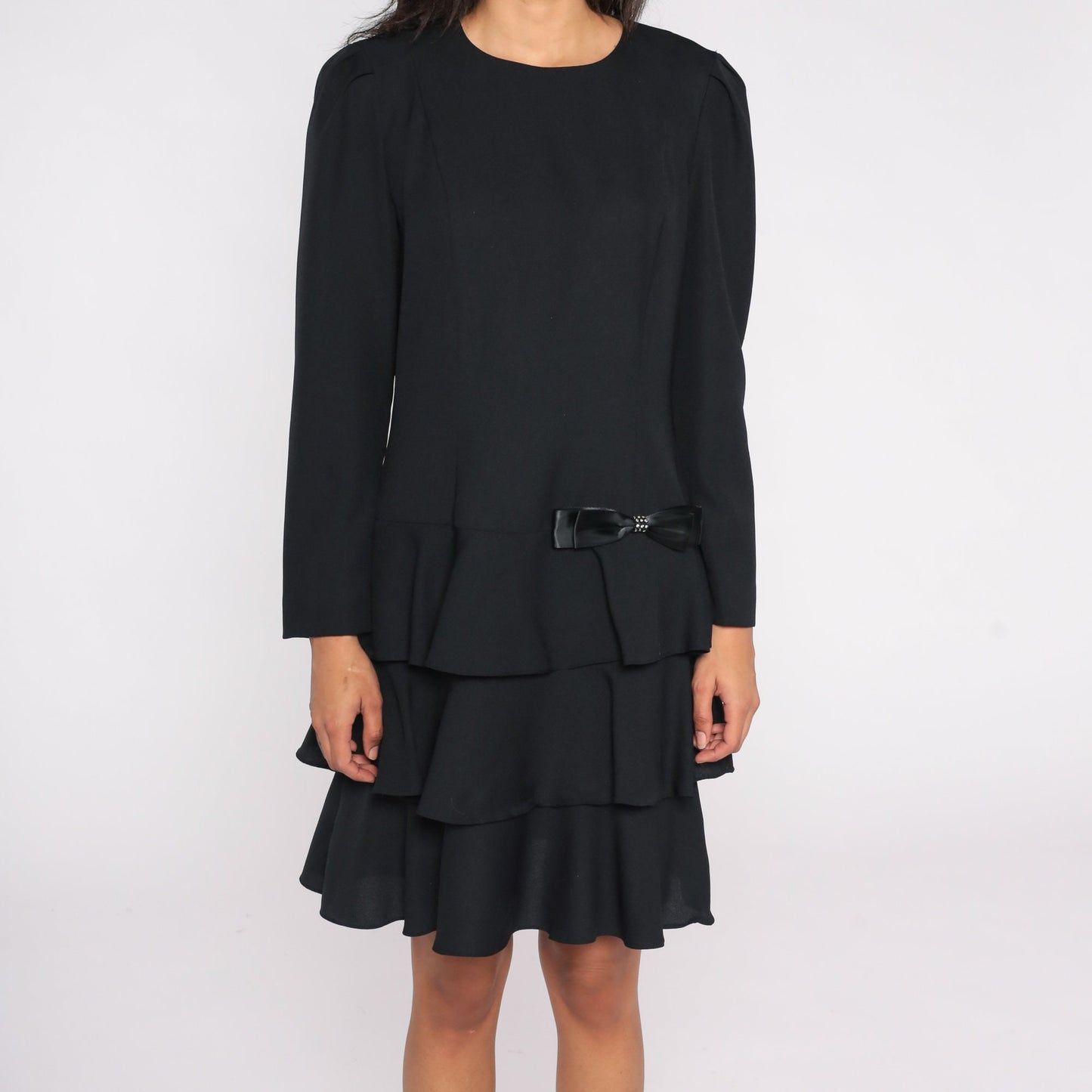 80s Black Drop Waist Dress Ruffled Skirt Puff Sleeve Bow Medium