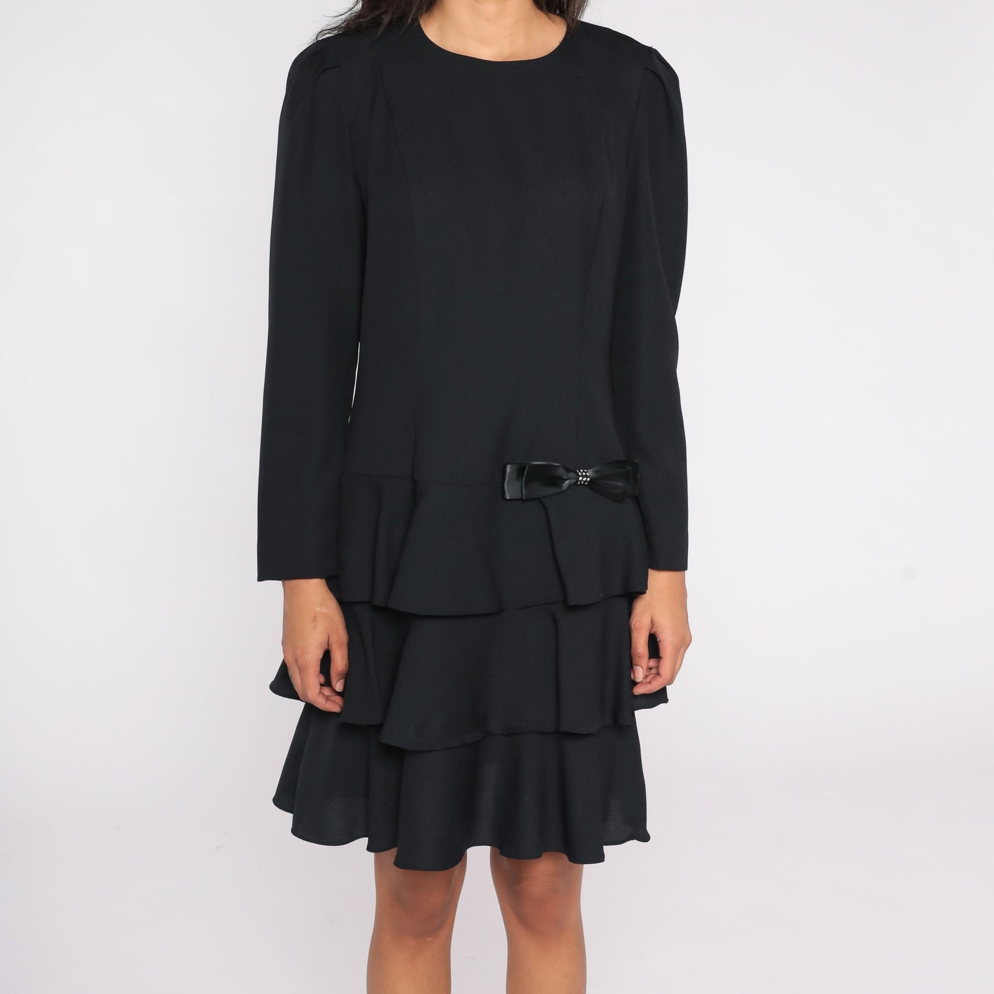 80s Black Drop Waist Dress Ruffled Skirt Puff Sleeve Bow Medium