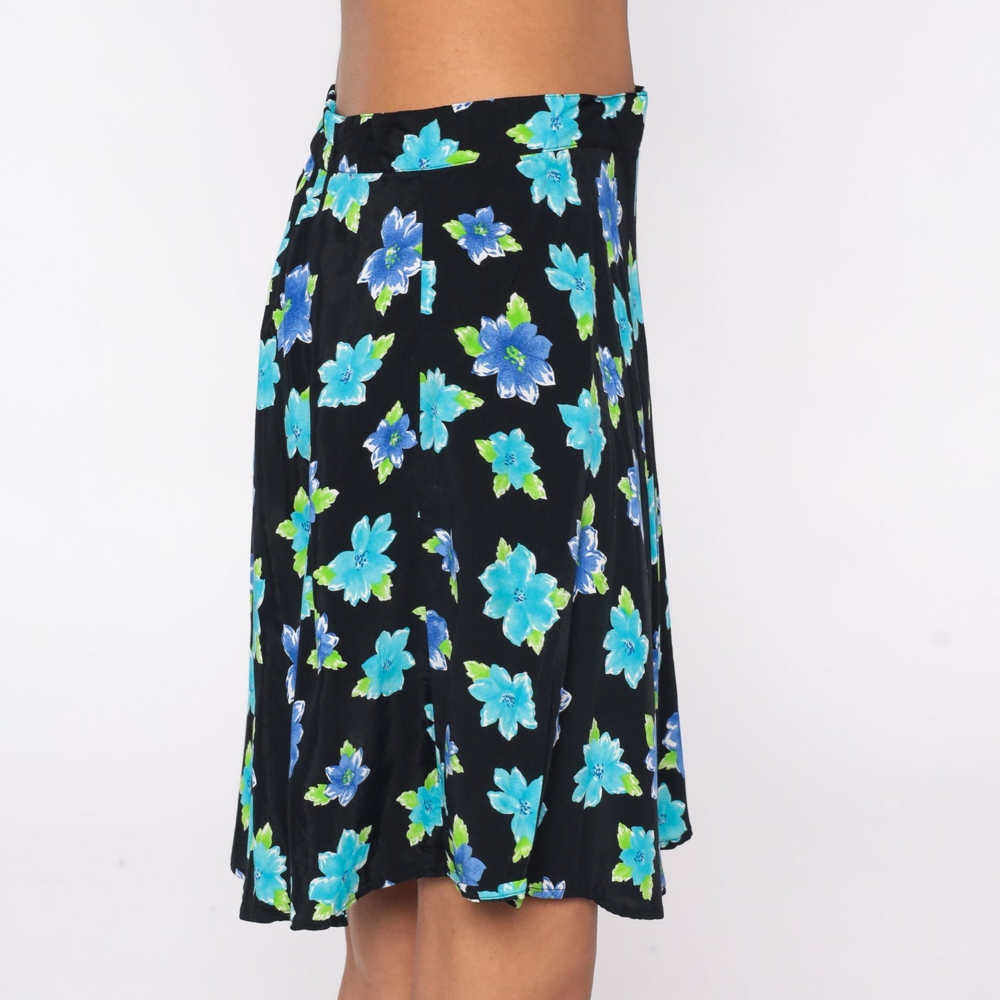 90s Floral Mini Skirt Black Blue Flower Print Rayon Medium
