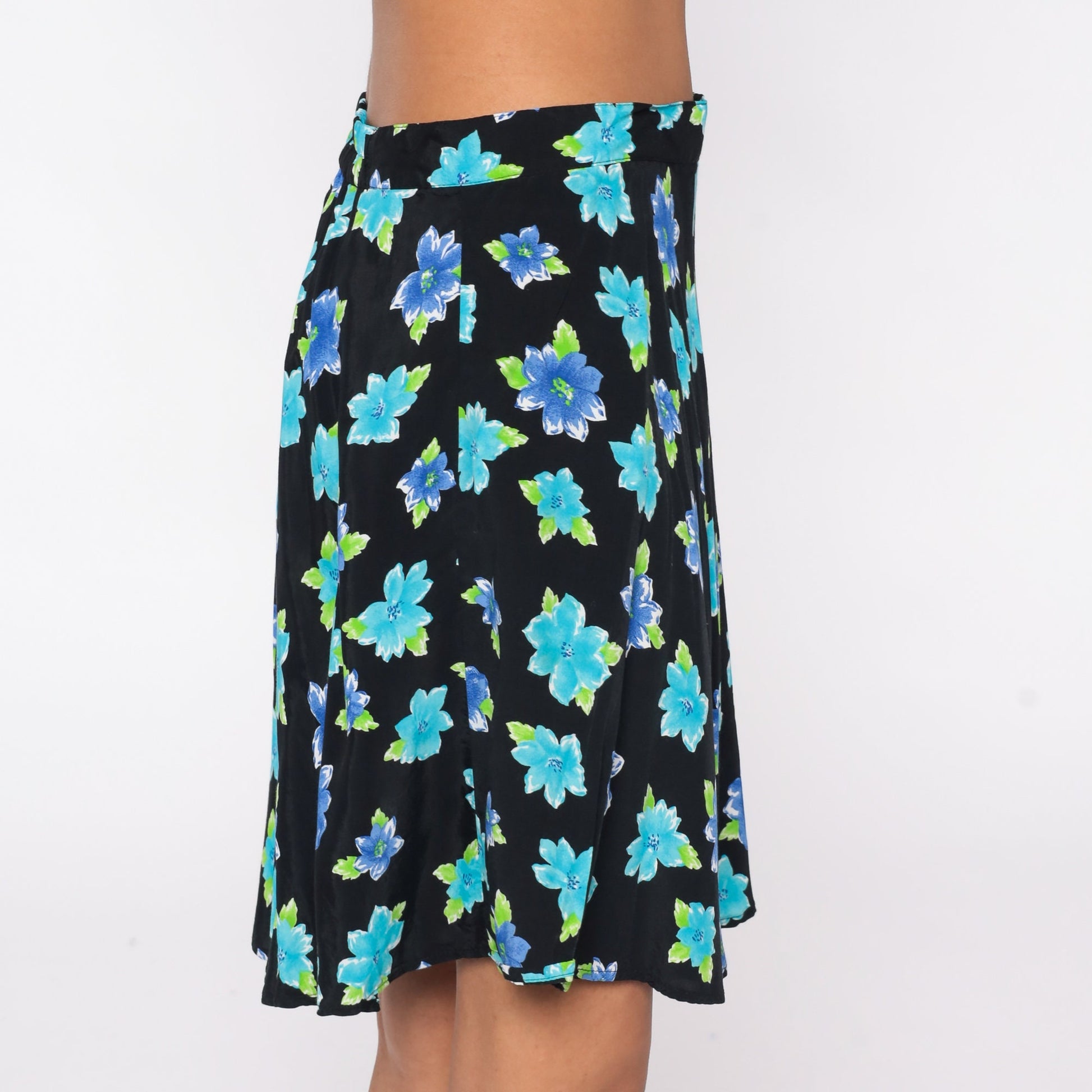 90s Floral Mini Skirt Black Blue Flower Print Rayon Medium