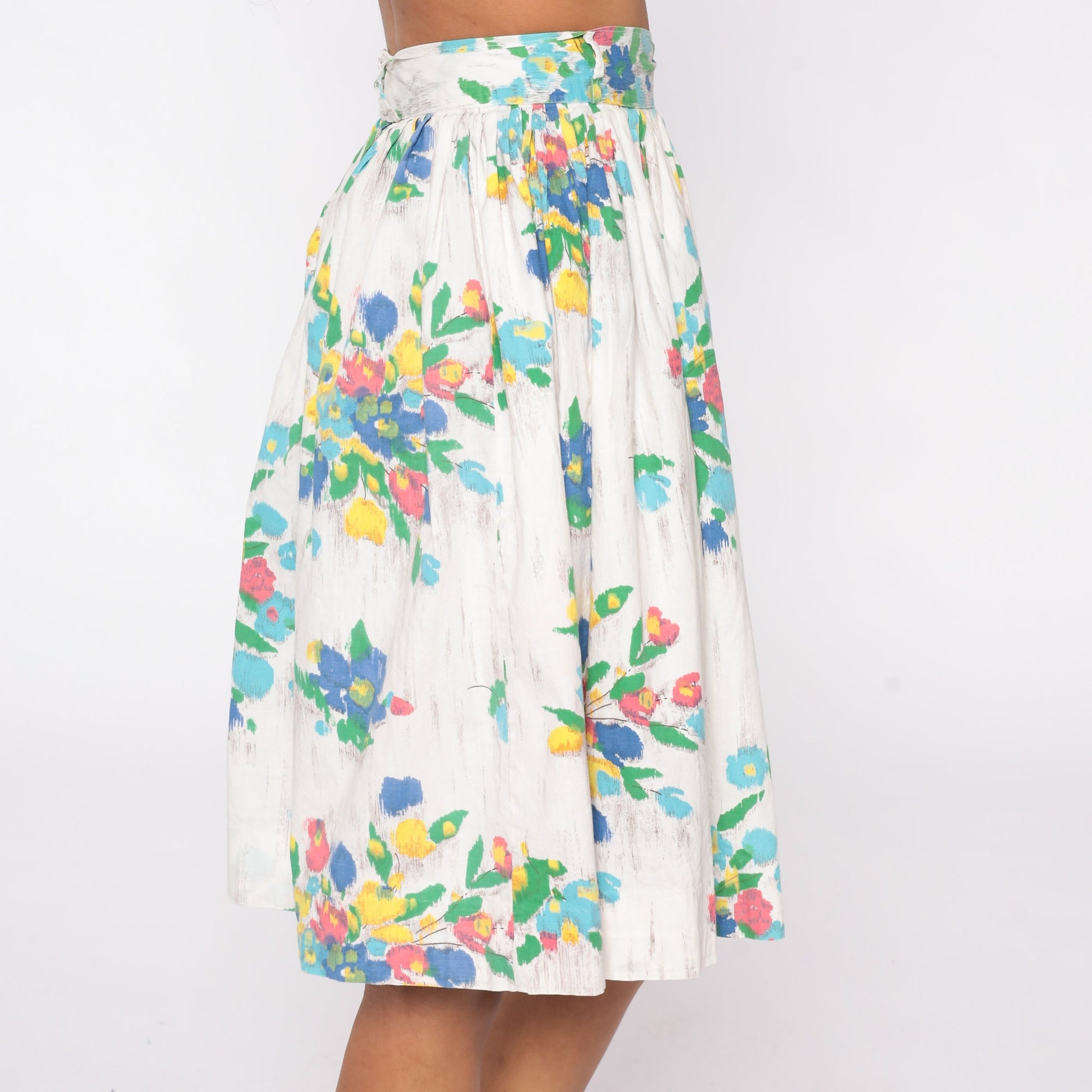 60s Floral Mini Skirt Pleated High Waist White Watercolor Cotton XS