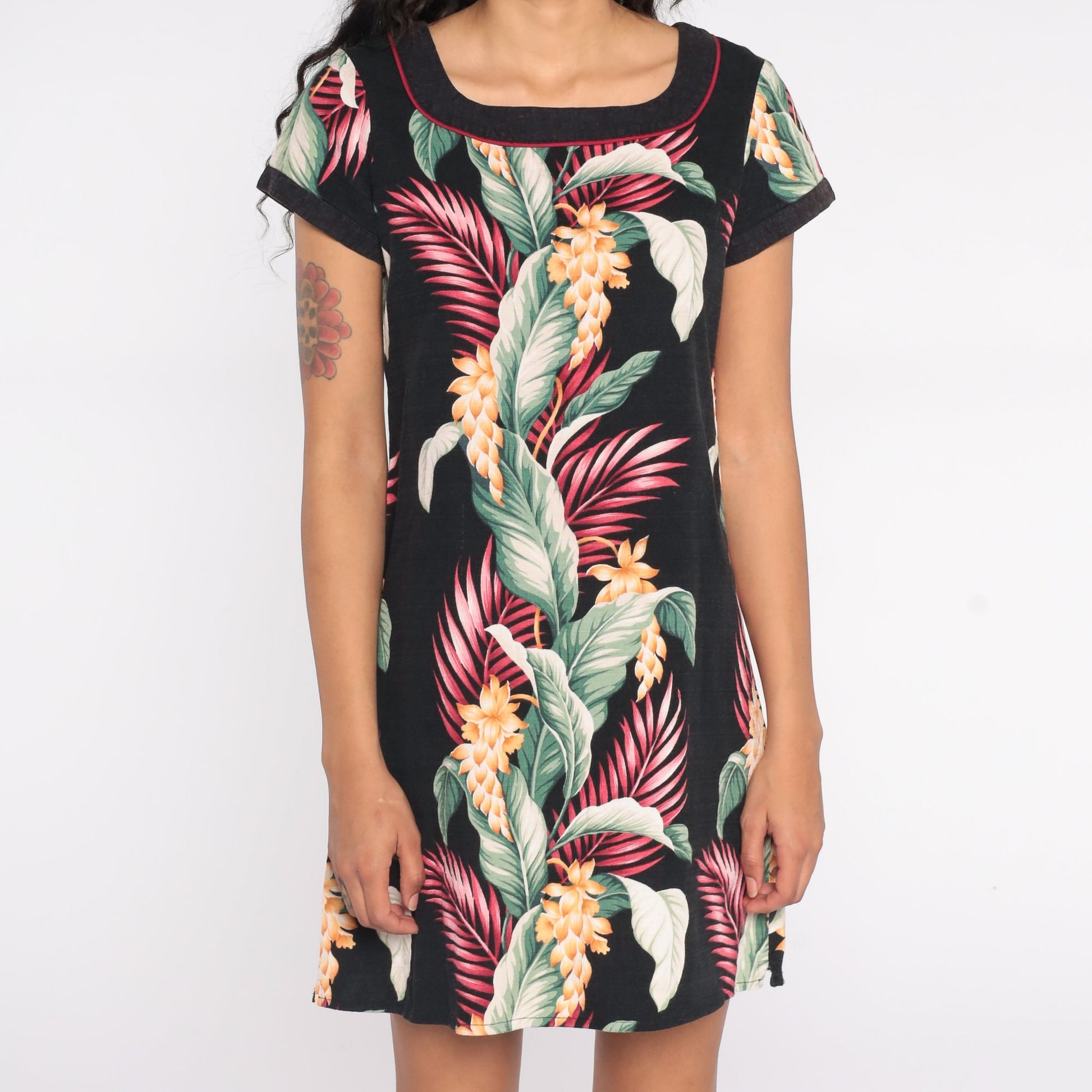 80s Hawaiian Floral Mini Dress Black Shift Button-Up Short Sleeve Small
