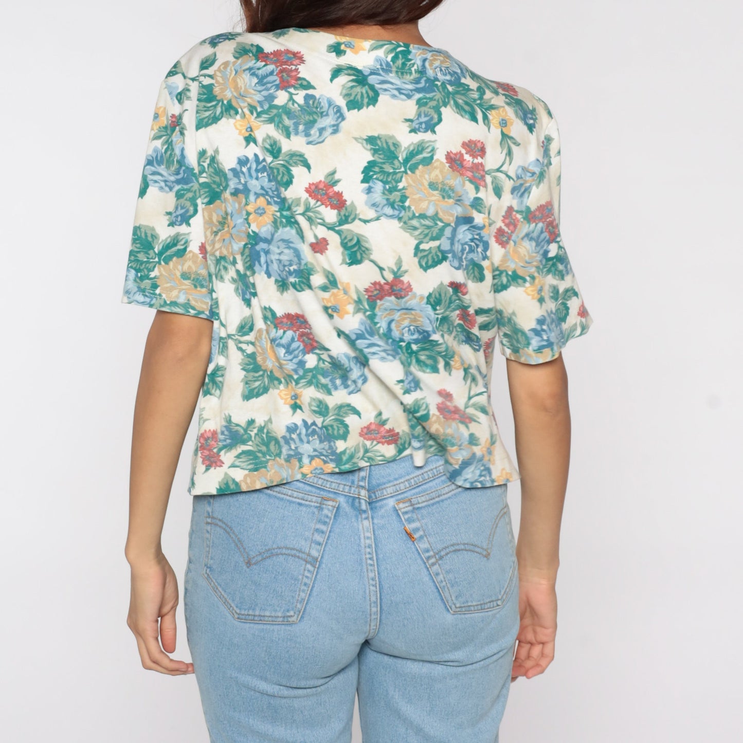 80s Floral Button-Up Blouse Short Sleeve Off-White Green Vintage Shirt Medium