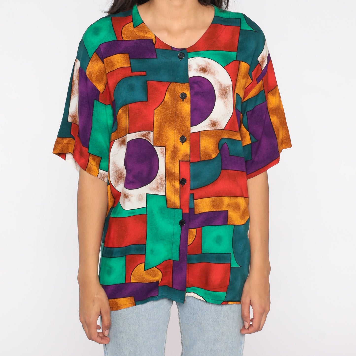 90s Geometric Print Button-Up Blouse Short Sleeve Shirt Medium M