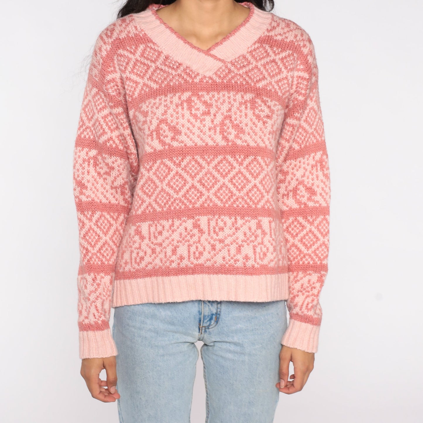 80s Pink Geometric Striped V-Neck Pullover Sweater Large