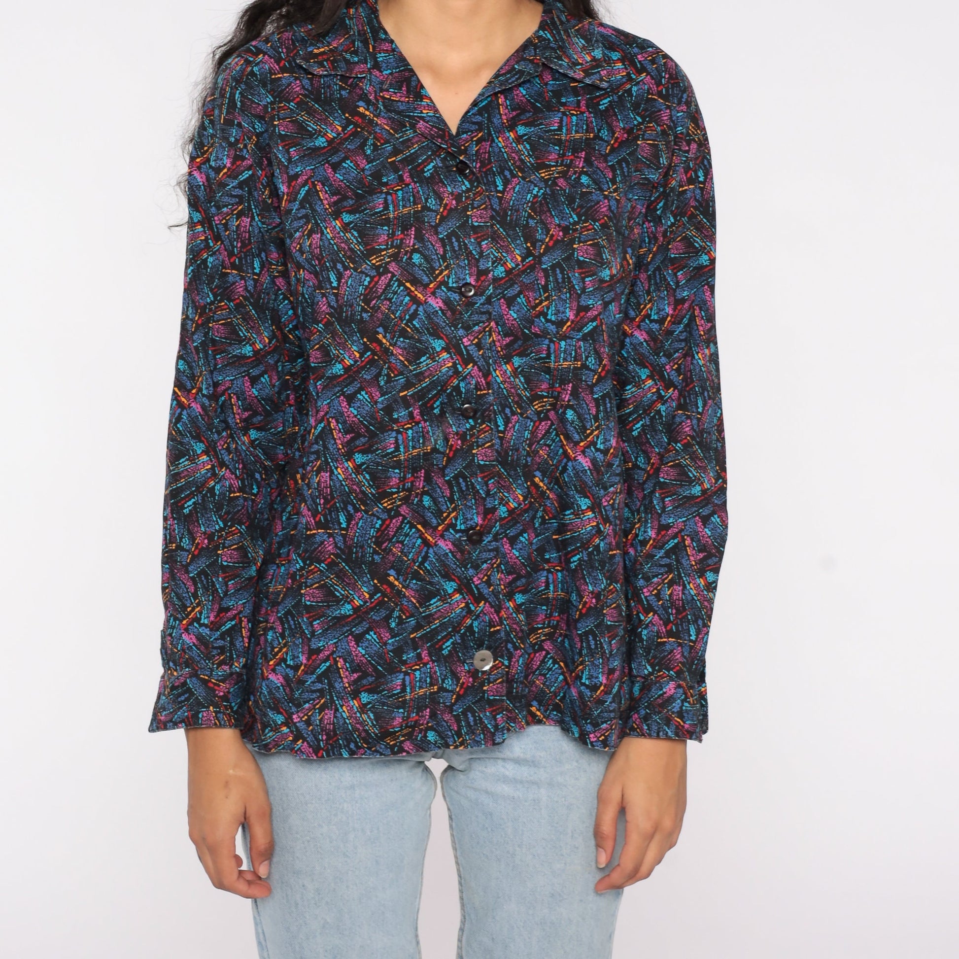 90s Abstract Brushstroke Button-Up Blouse Blue Pink Long Sleeve Medium Large
