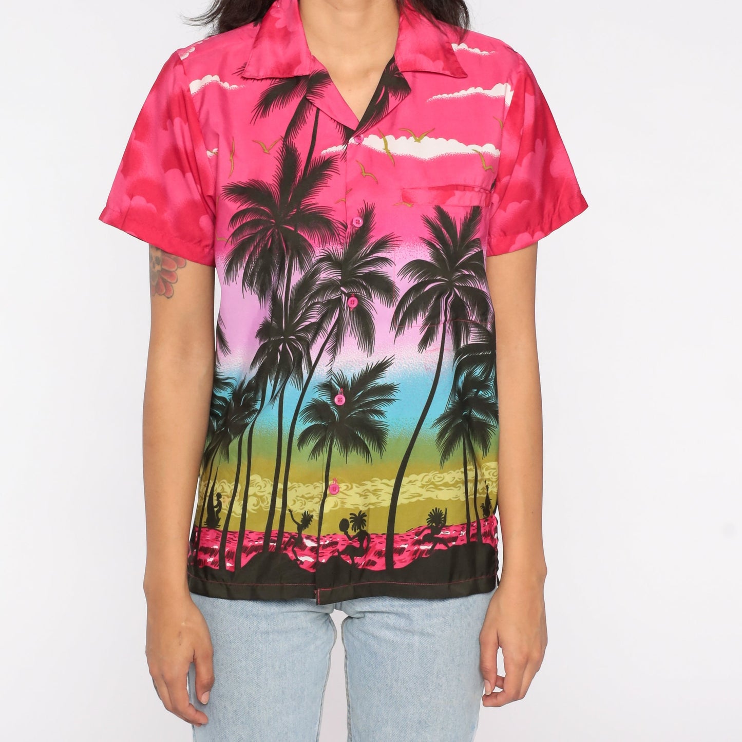 80s Hawaiian Tropical Button Up Shirt Palm Tree Sunset Print Pink Blue Small