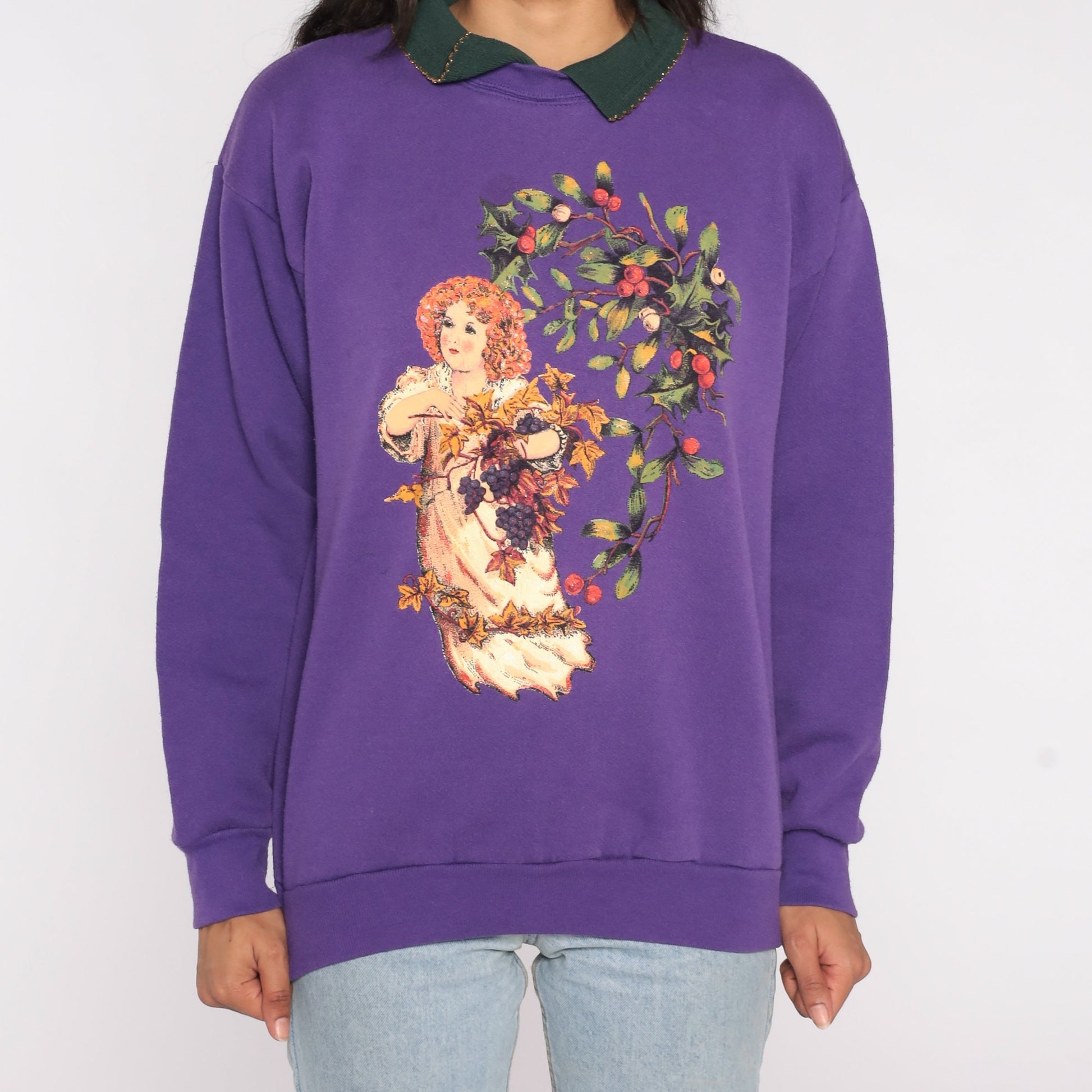 80s Cherub Fruit Oil Painting Collared Sweatshirt Purple Graphic Large L