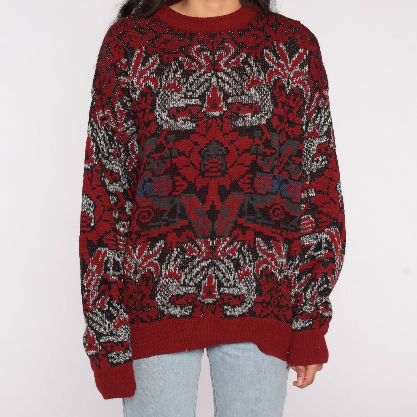 90s Geometric Jacquard Sweater Red Blue Abstract Knit Crewneck Extra Large