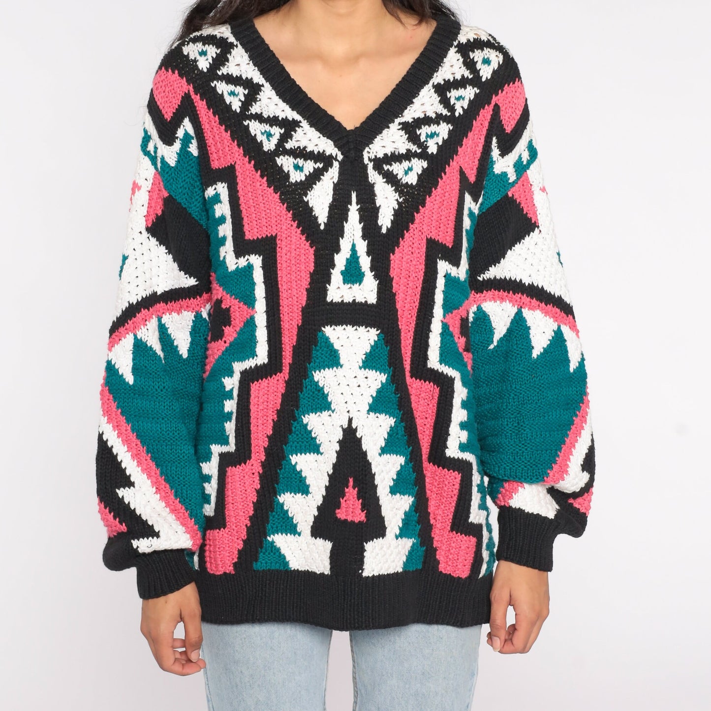 80s Geometric Knit Sweater V Neck Balloon Sleeve Pink Green Southwestern Medium