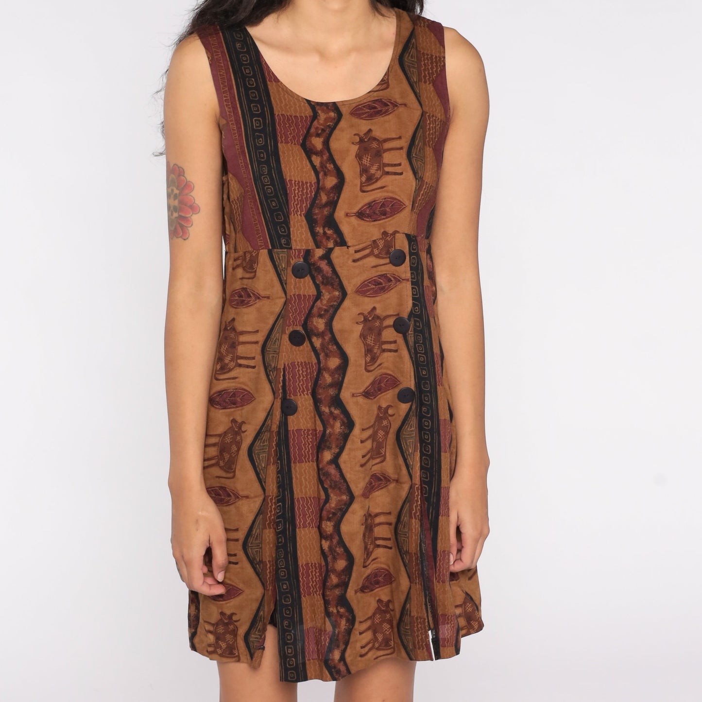 90s Brown Cow Petroglyph Print Mini Dress Tank Straps Zipper Medium