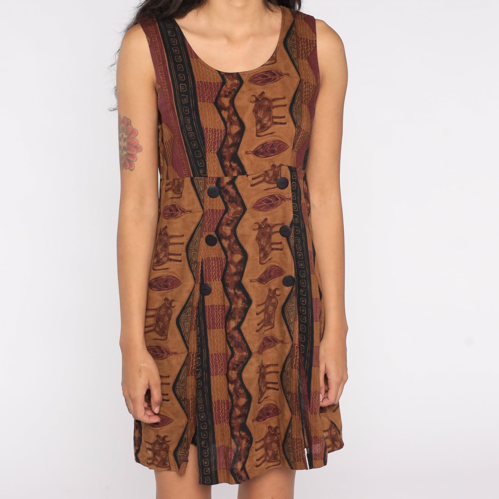 90s Brown Cow Petroglyph Print Mini Dress Tank Straps Zipper Medium
