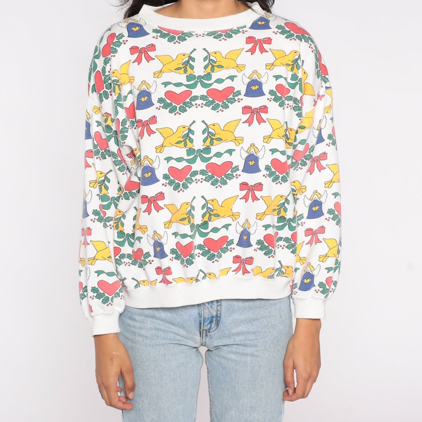 90s Christmas Angel Dove Heart Print Sweatshirt Graphic Pullover Large L