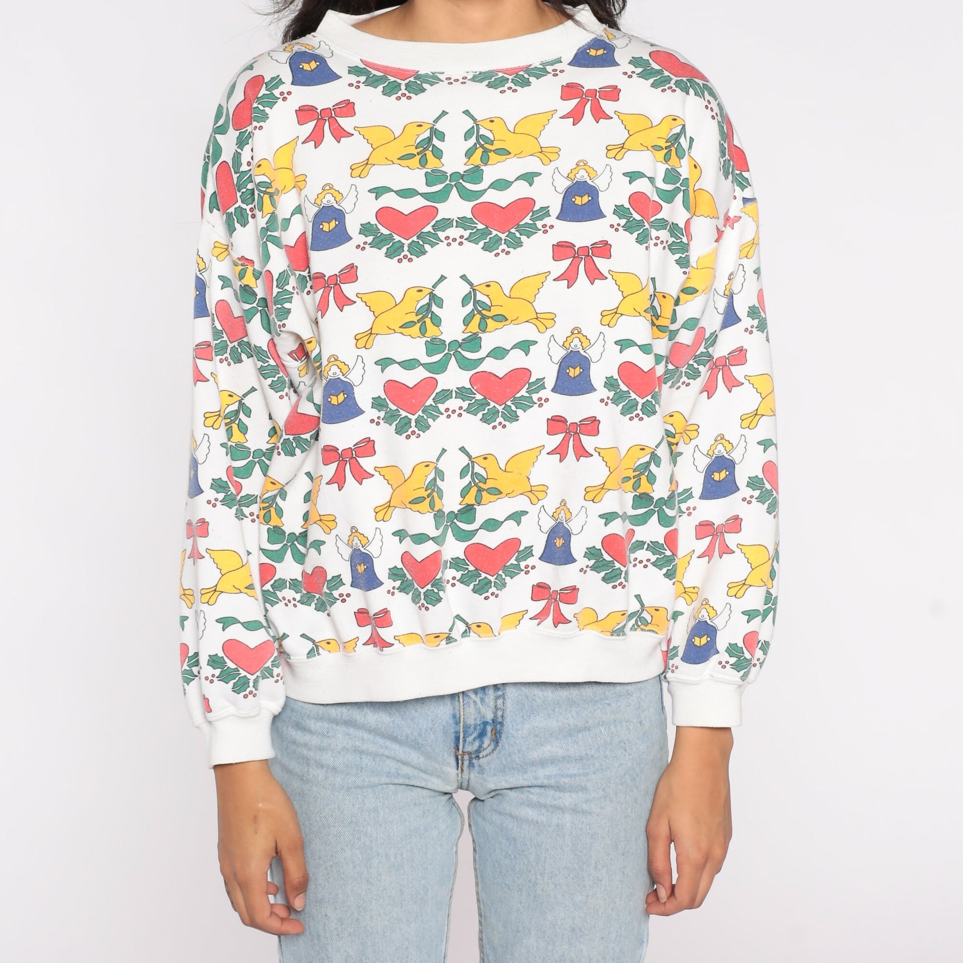 90s Christmas Angel Dove Heart Print Sweatshirt Graphic Pullover Large L
