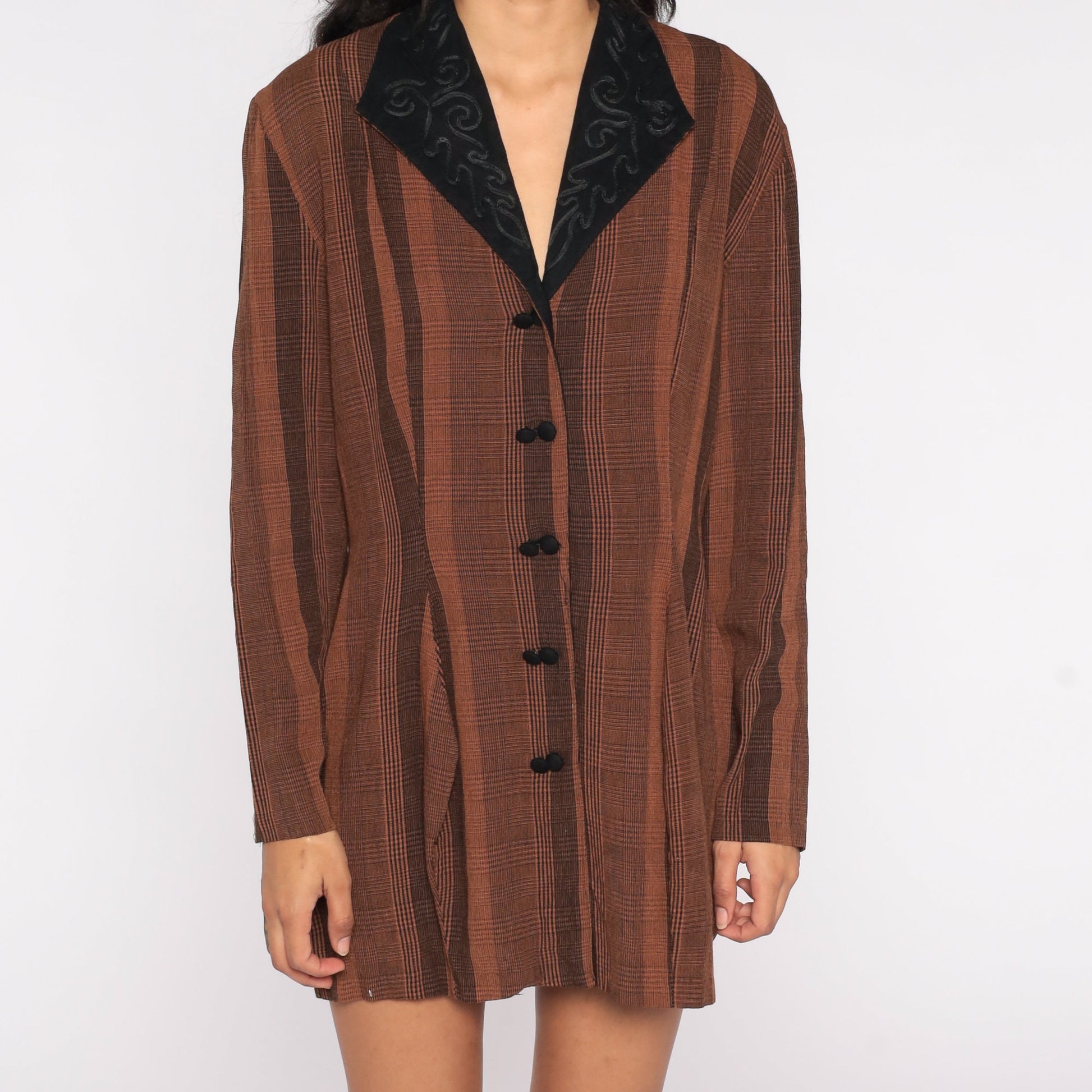 80s Brown Striped Blazer Black Soutache Collar Double-Breasted Jacket Medium Large