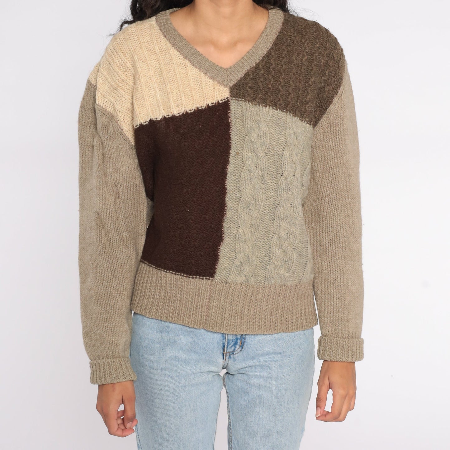1970s Wool Cable Knit Sweater V-Neck Colour Block Taupe Brown Large
