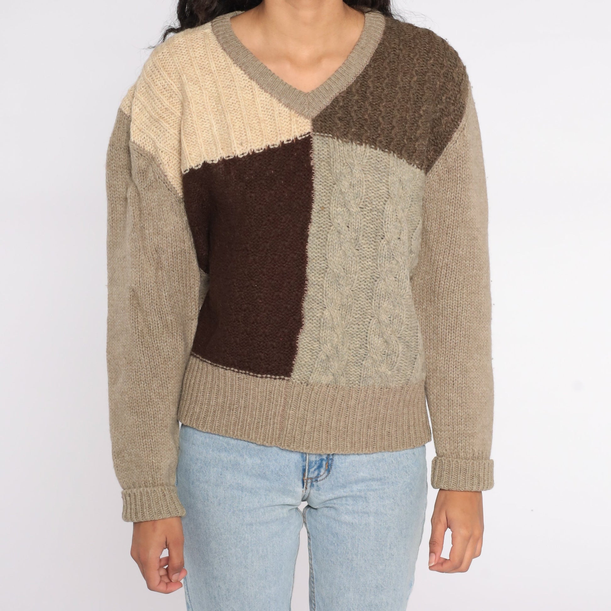 1970s Wool Cable Knit Sweater V-Neck Colour Block Taupe Brown Large