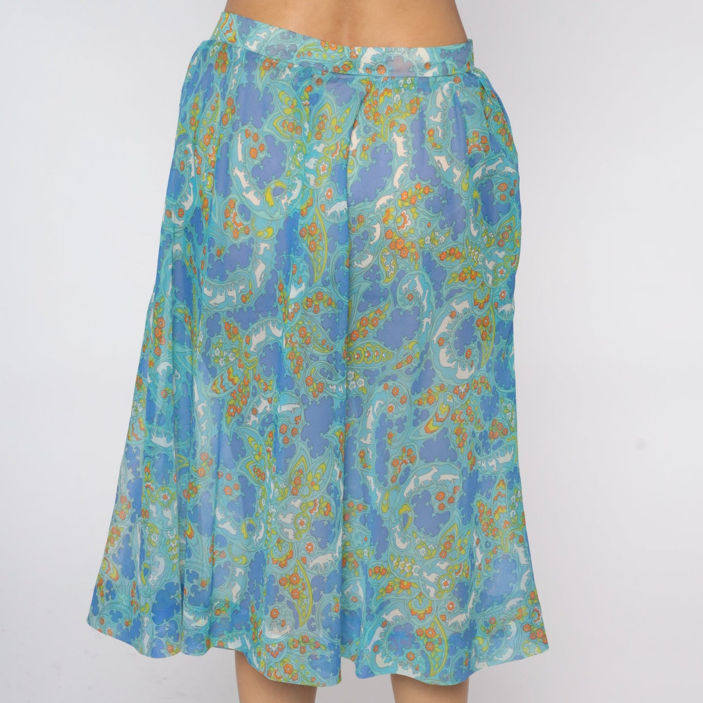 70s Psychedelic Floral Animal Print Midi Skirt Blue Extra Large XXL