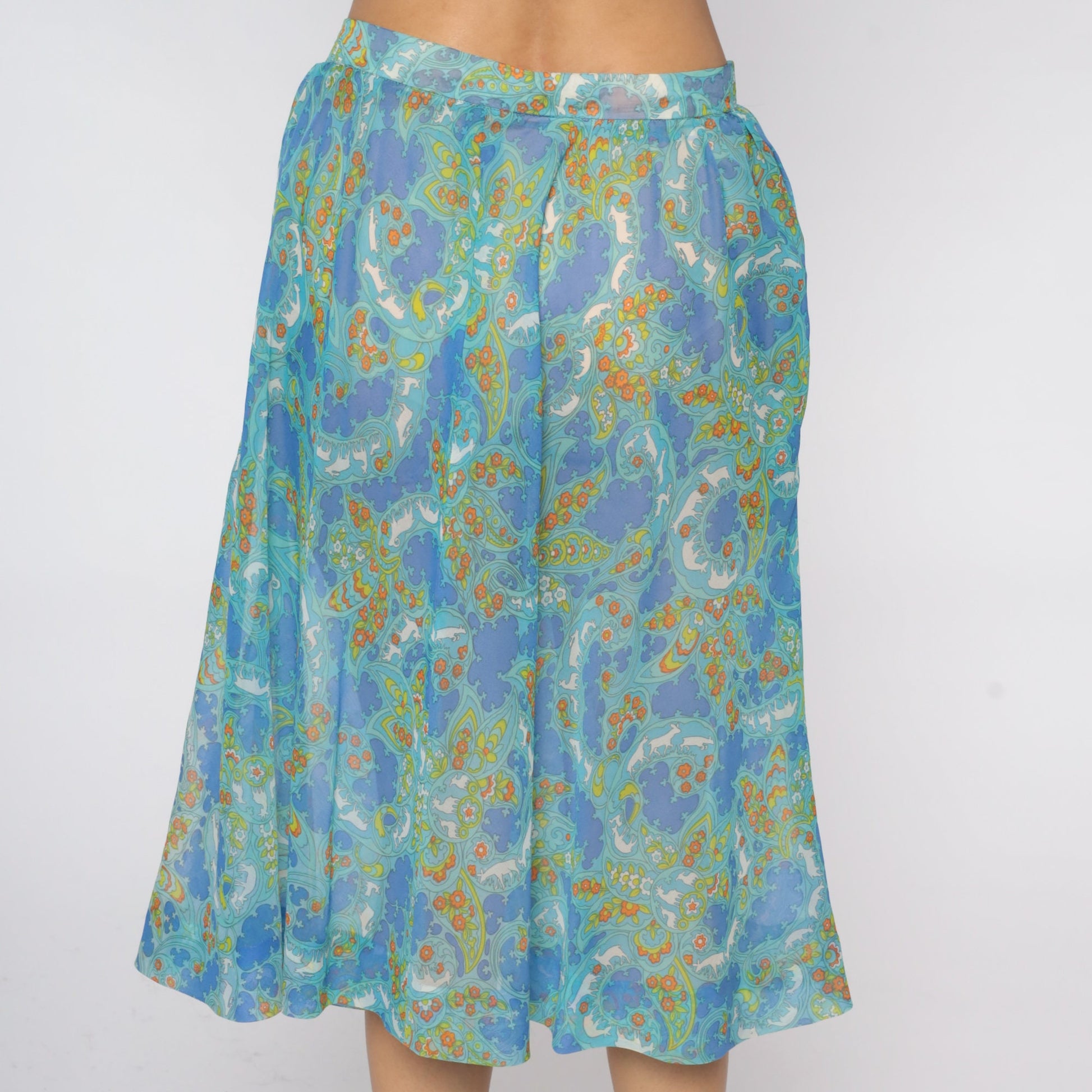 70s Psychedelic Floral Animal Print Midi Skirt Blue Extra Large XXL