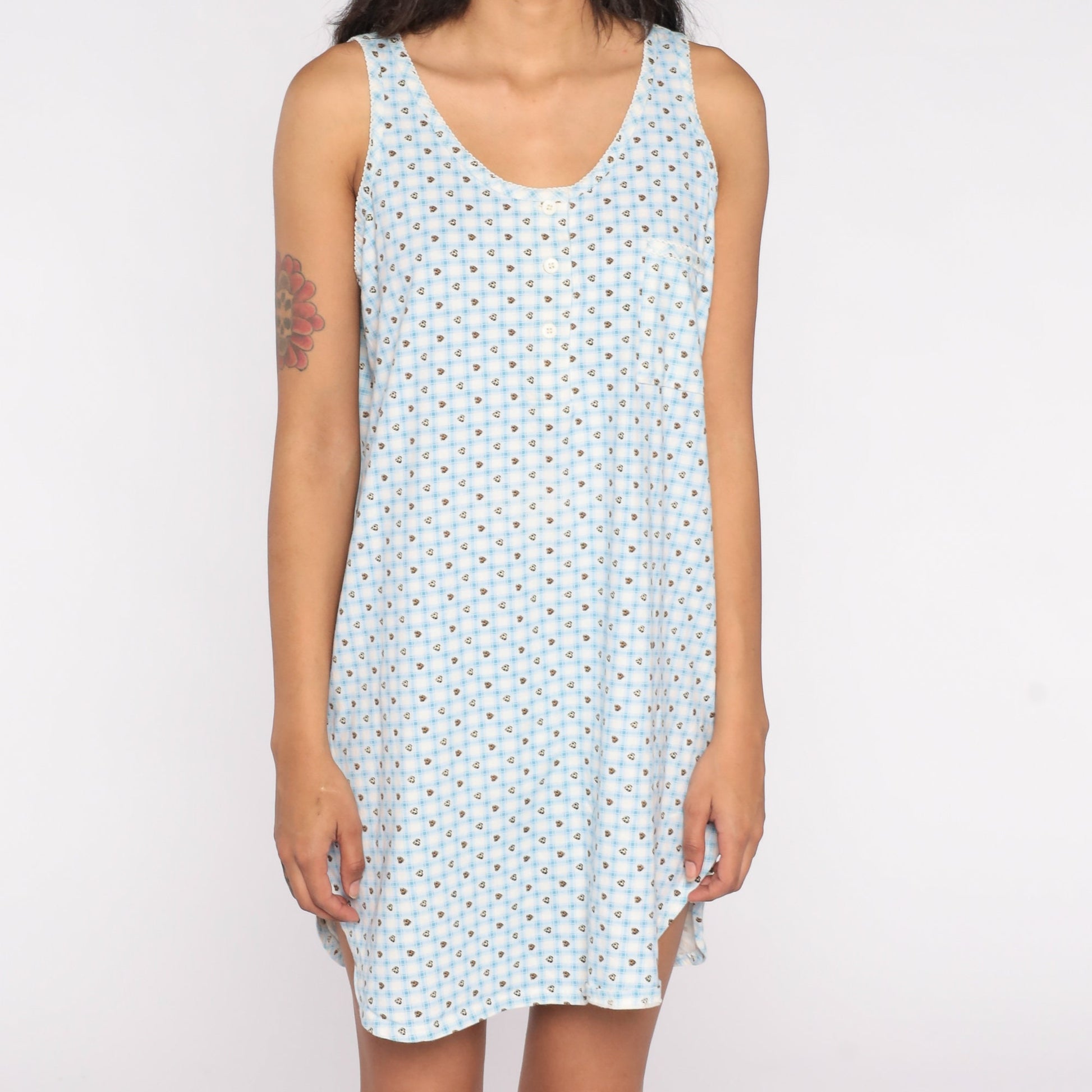 90s Checkered Heart Print Nightgown Blue White Plaid Sleeveless Button-Up Large