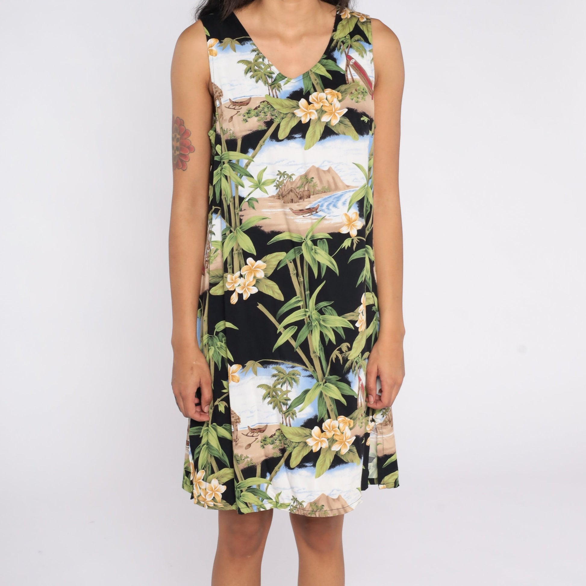 Y2K Black Hawaiian Print Mini Dress Sleeveless Shift Sundress Medium