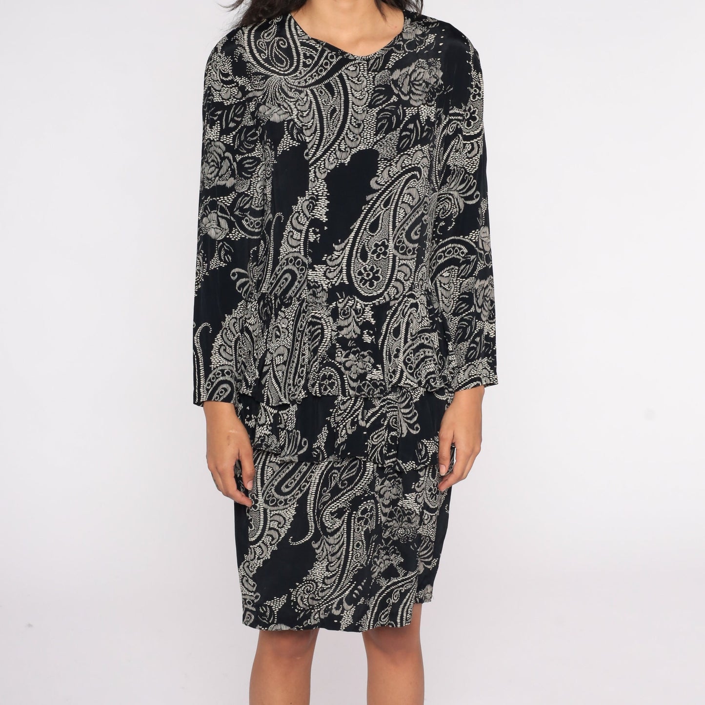 80s Black White Floral Paisley Peplum Dress Long Sleeve Knee Length Medium M