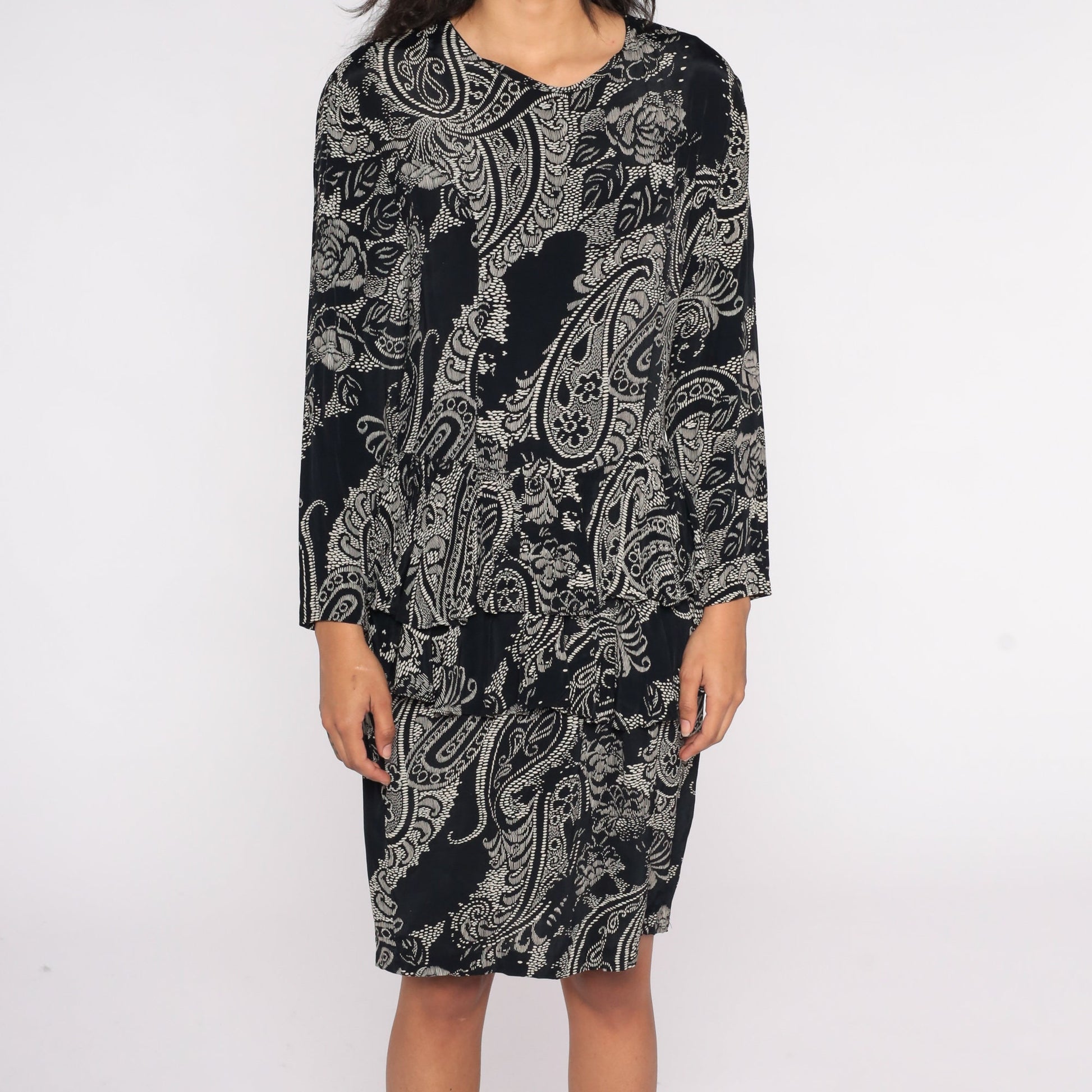 80s Black White Floral Paisley Peplum Dress Long Sleeve Knee Length Medium M