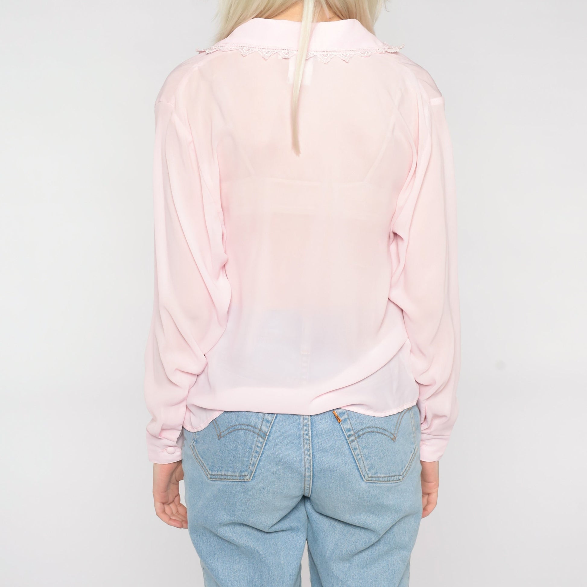 80s Baby Pink Semi-Sheer Button-Up Blouse Double Breasted Lace Trim Medium M