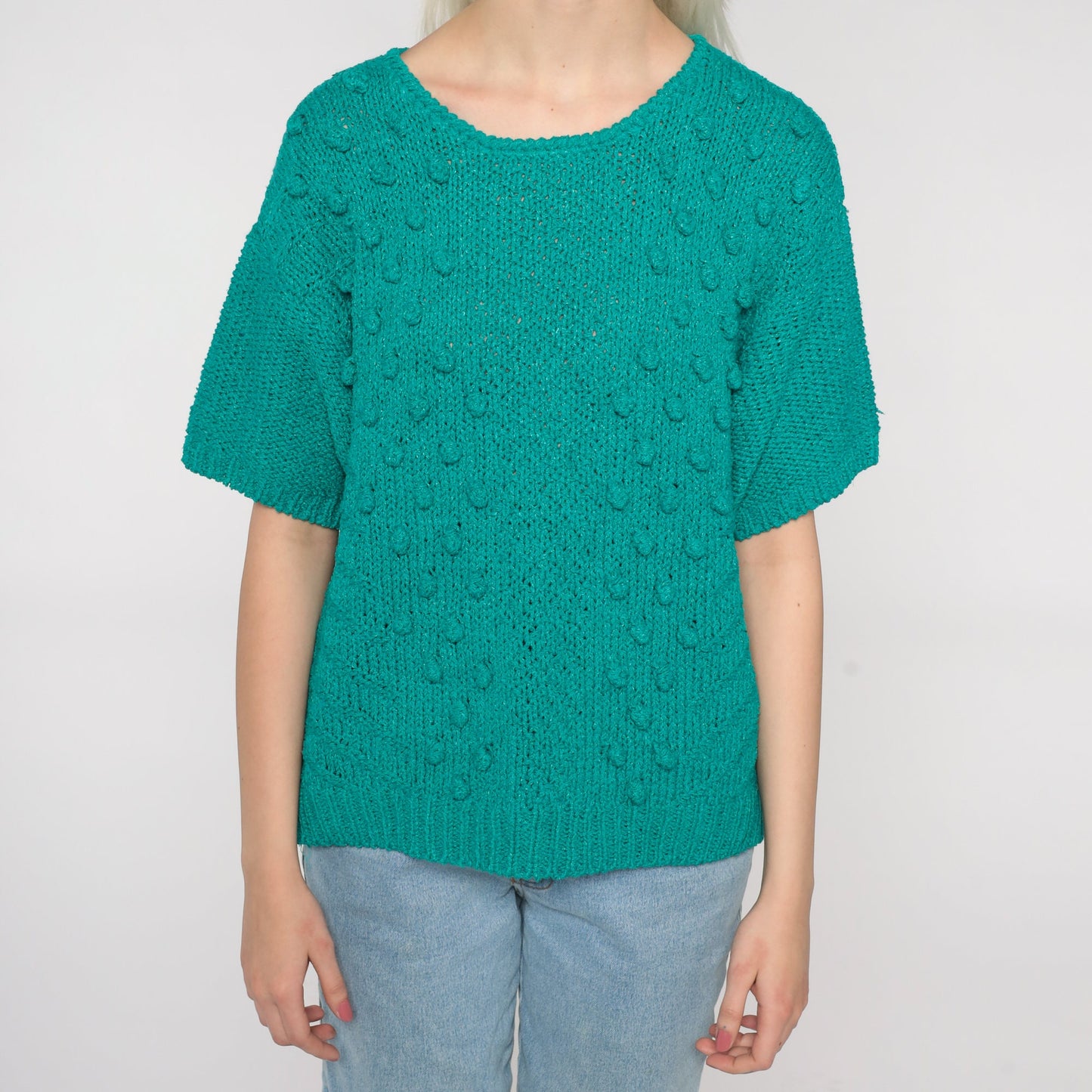80s Green Nubby Knit Short Sleeve Pullover Silk Rayon Top Medium M
