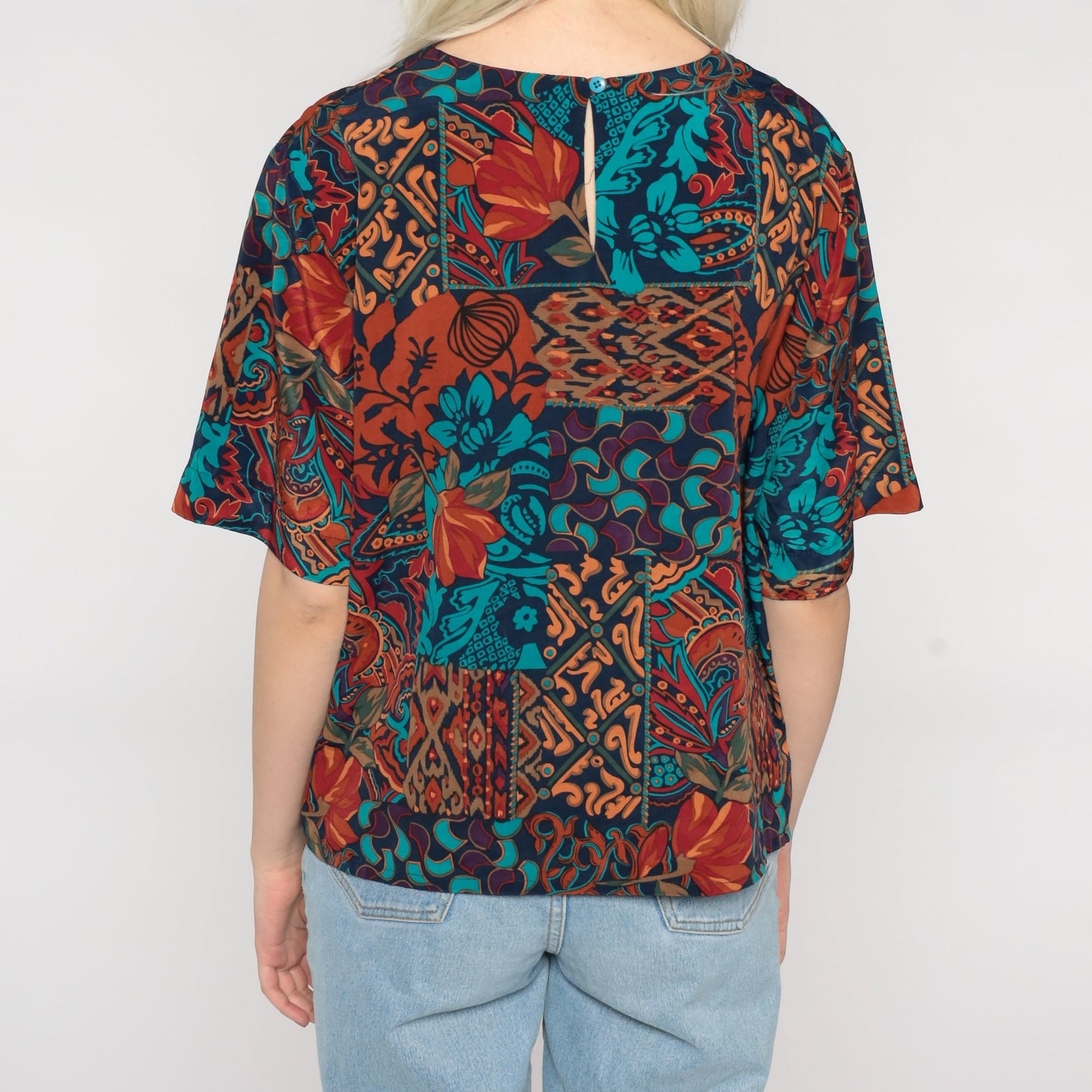 90s Geometric Color Block Blouse Short Sleeve Keyhole Back Multicolor Large L