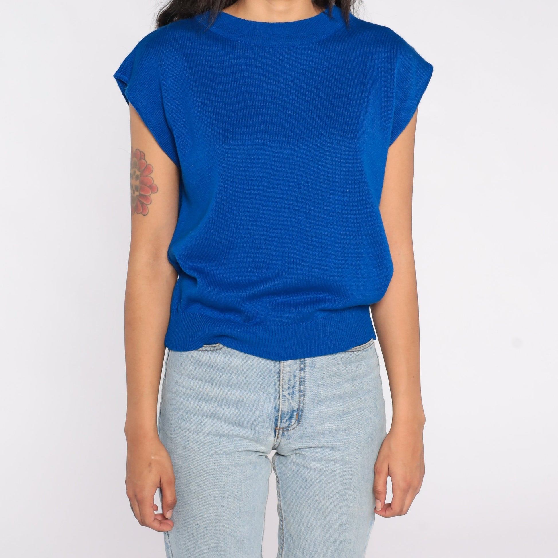80s Royal Blue Knit Cap Sleeve Sweater Top Medium