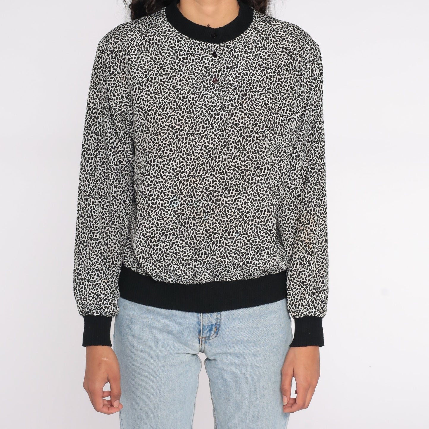 80s Leopard Print Henley Shirt Black White Animal Print Medium