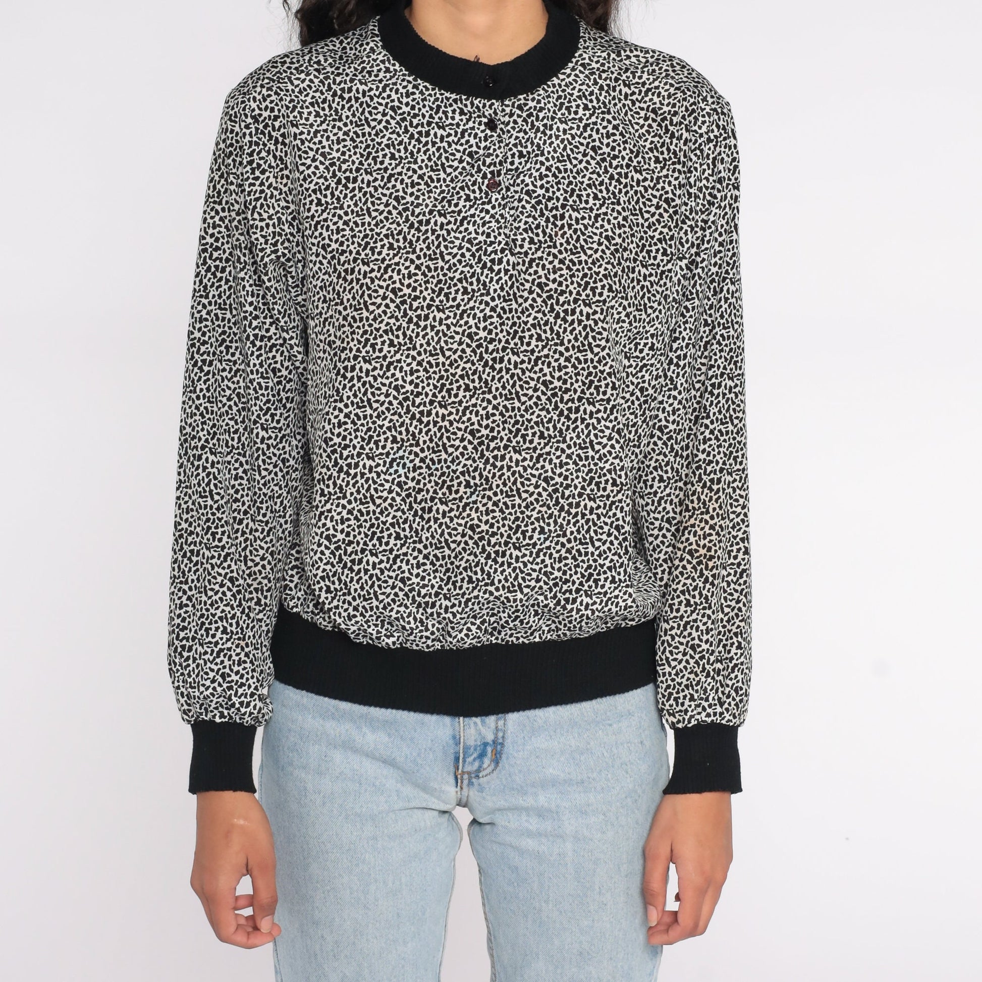 80s Leopard Print Henley Shirt Black White Animal Print Medium
