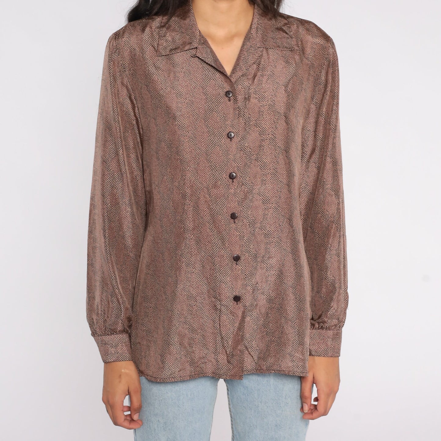80s Brown Silk Button-Up Blouse Long Sleeve Speckled Medium