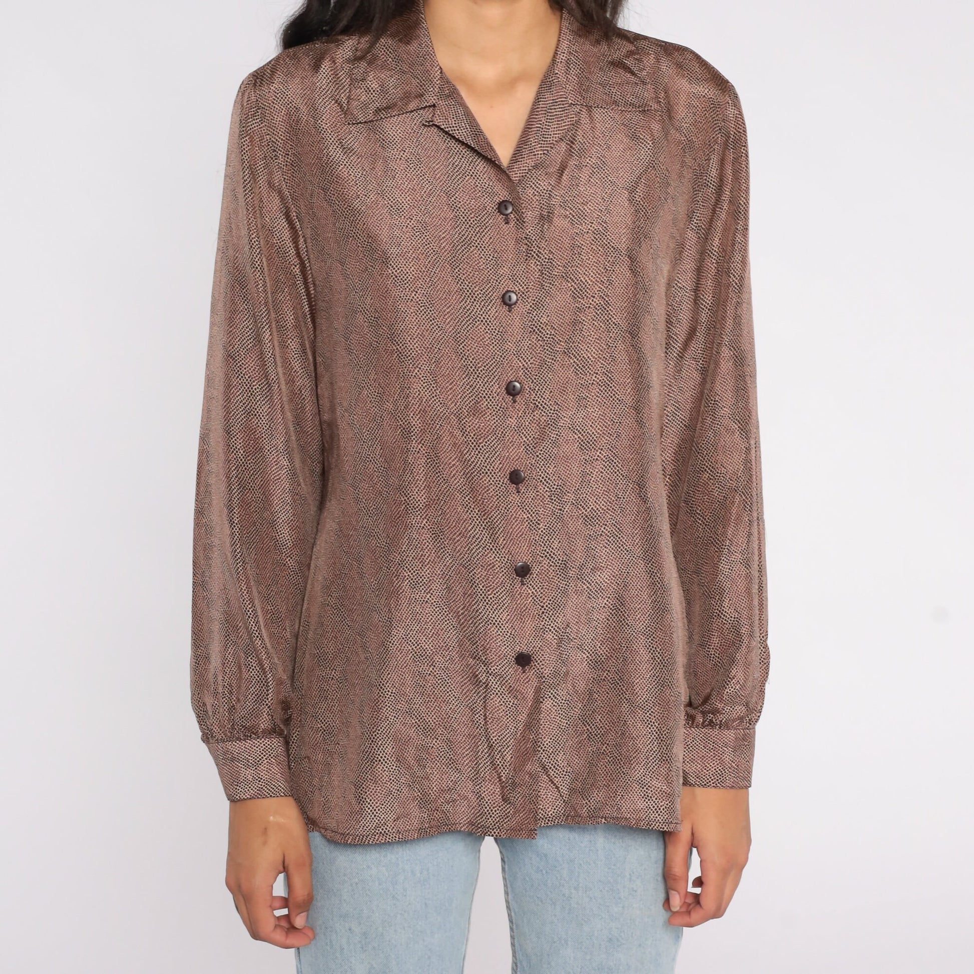 80s Brown Silk Button-Up Blouse Long Sleeve Speckled Medium