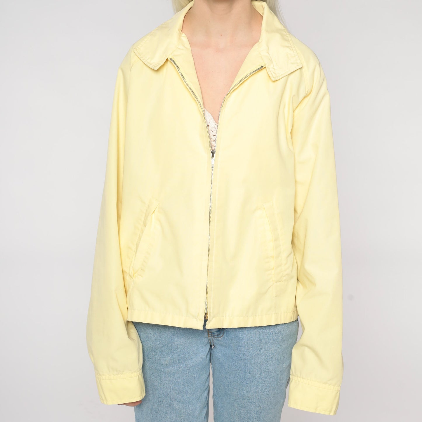 80s Yellow Windbreaker Jacket Collared Zip-Up Large L