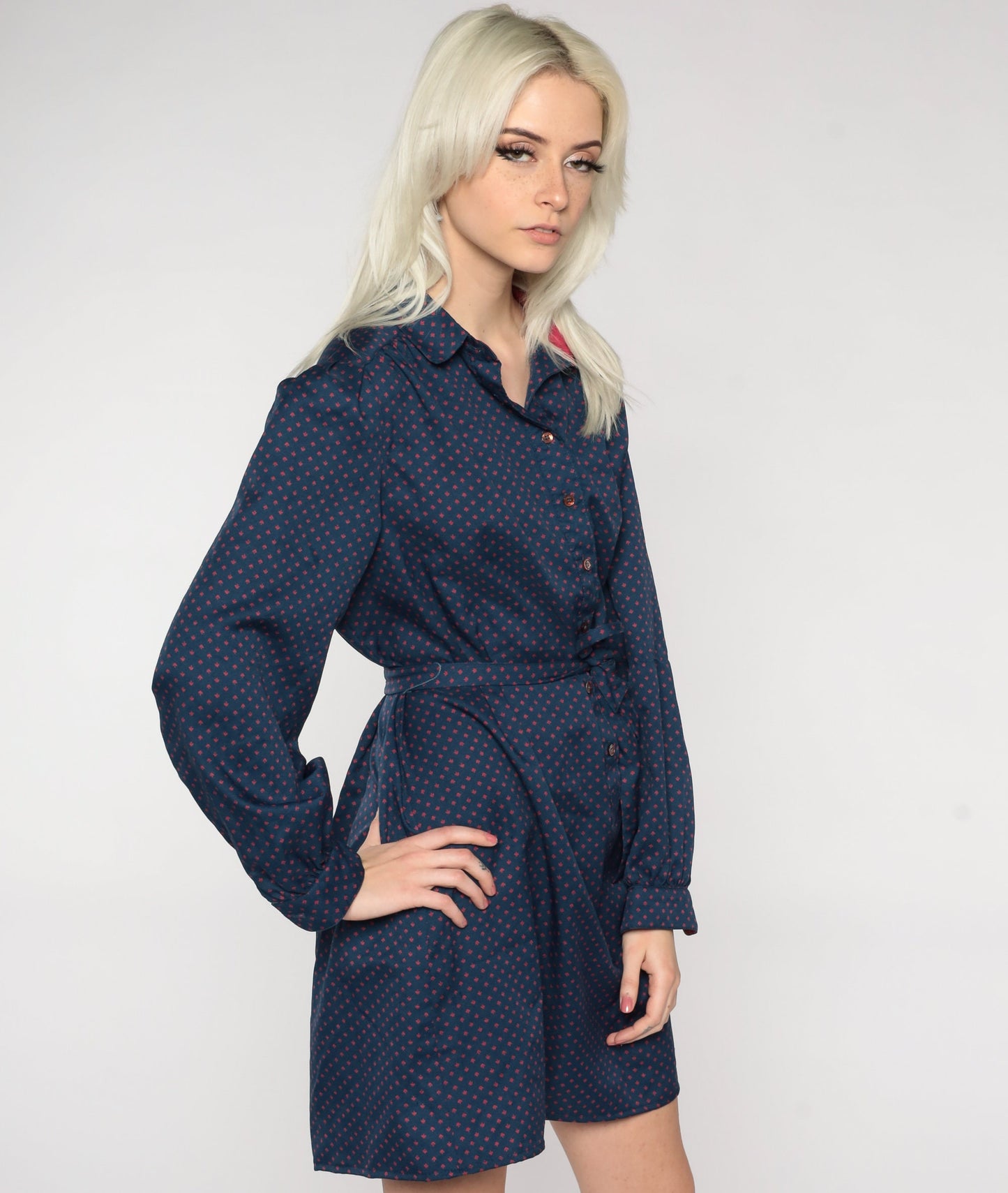 80s Navy Polka Dot Button-Up Mini Dress High Waist Tie Belt Long Sleeve Large L