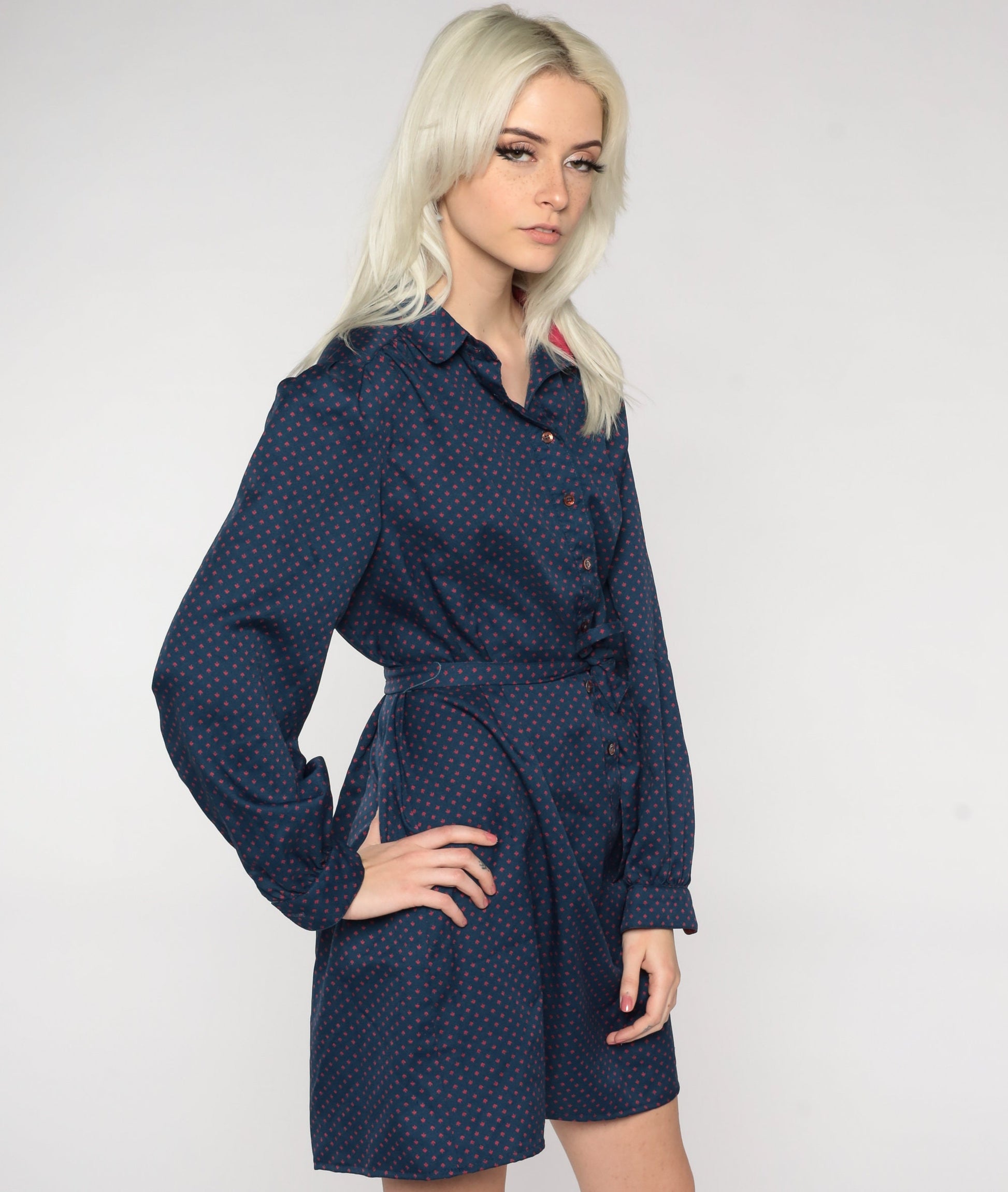 80s Navy Polka Dot Button-Up Mini Dress High Waist Tie Belt Long Sleeve Large L